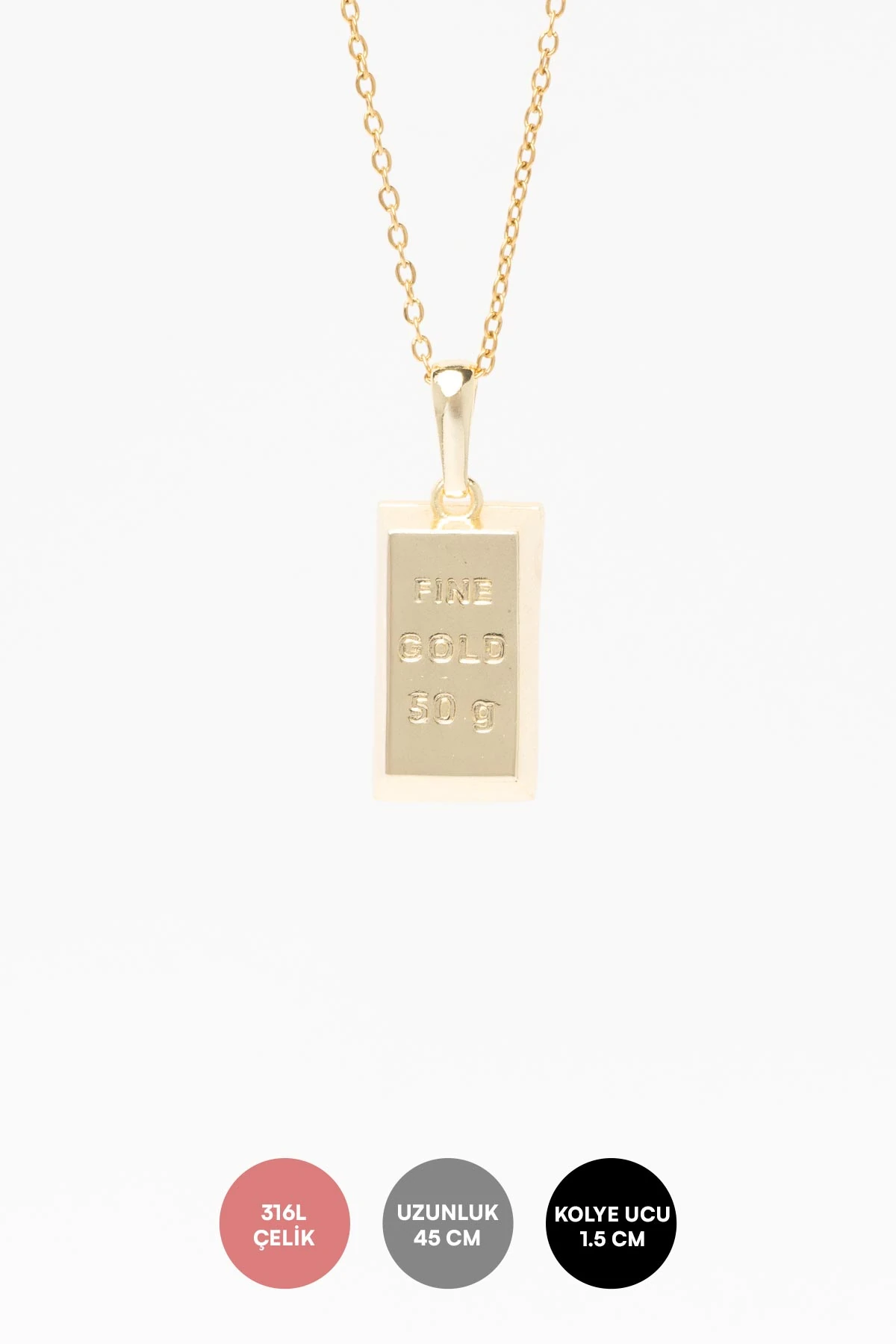 Gold Minimal Zincir Gram Külçe Altın Sallantılı 45cm Çelik Kolye AKL4383