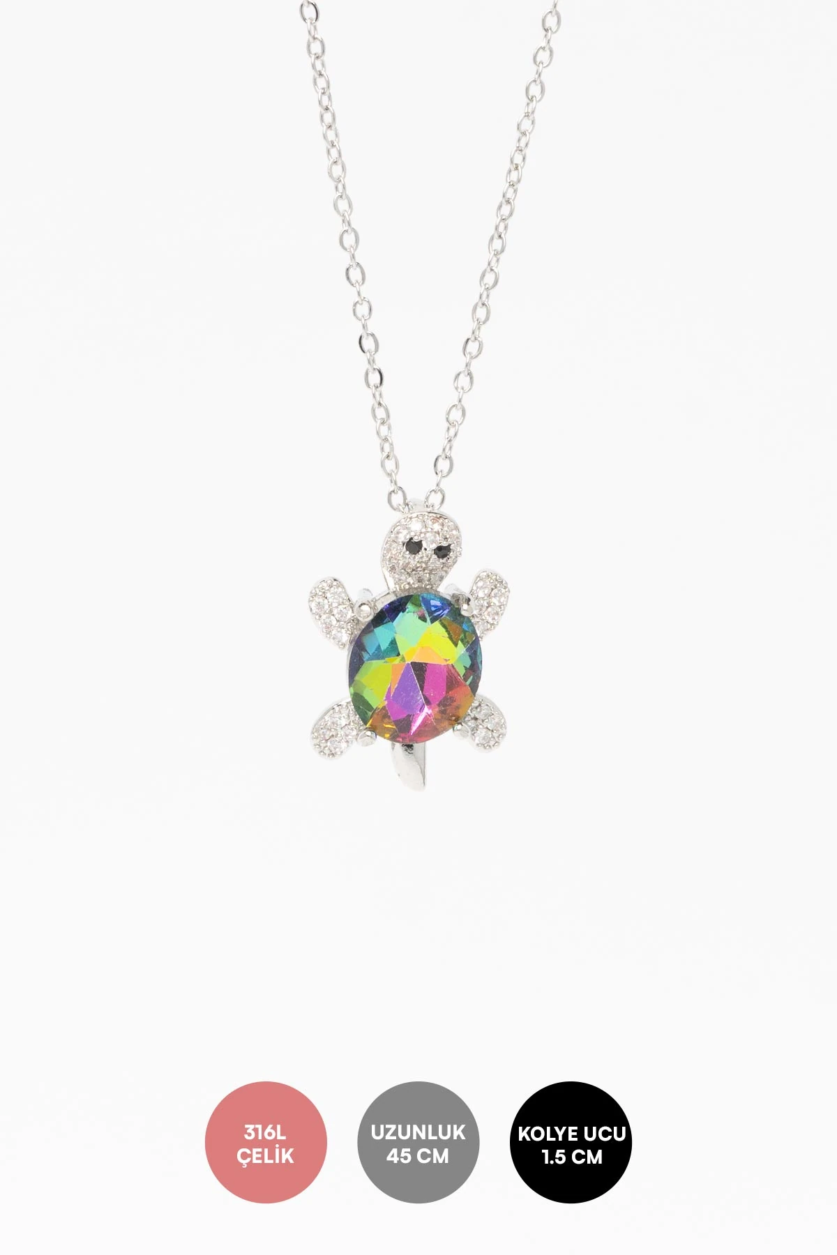 Silver Zirkon Detay Büyük Renkli Taş Kabuklu Kaplumbağa Sallantılı 45cm Çelik Kolye AKL4340