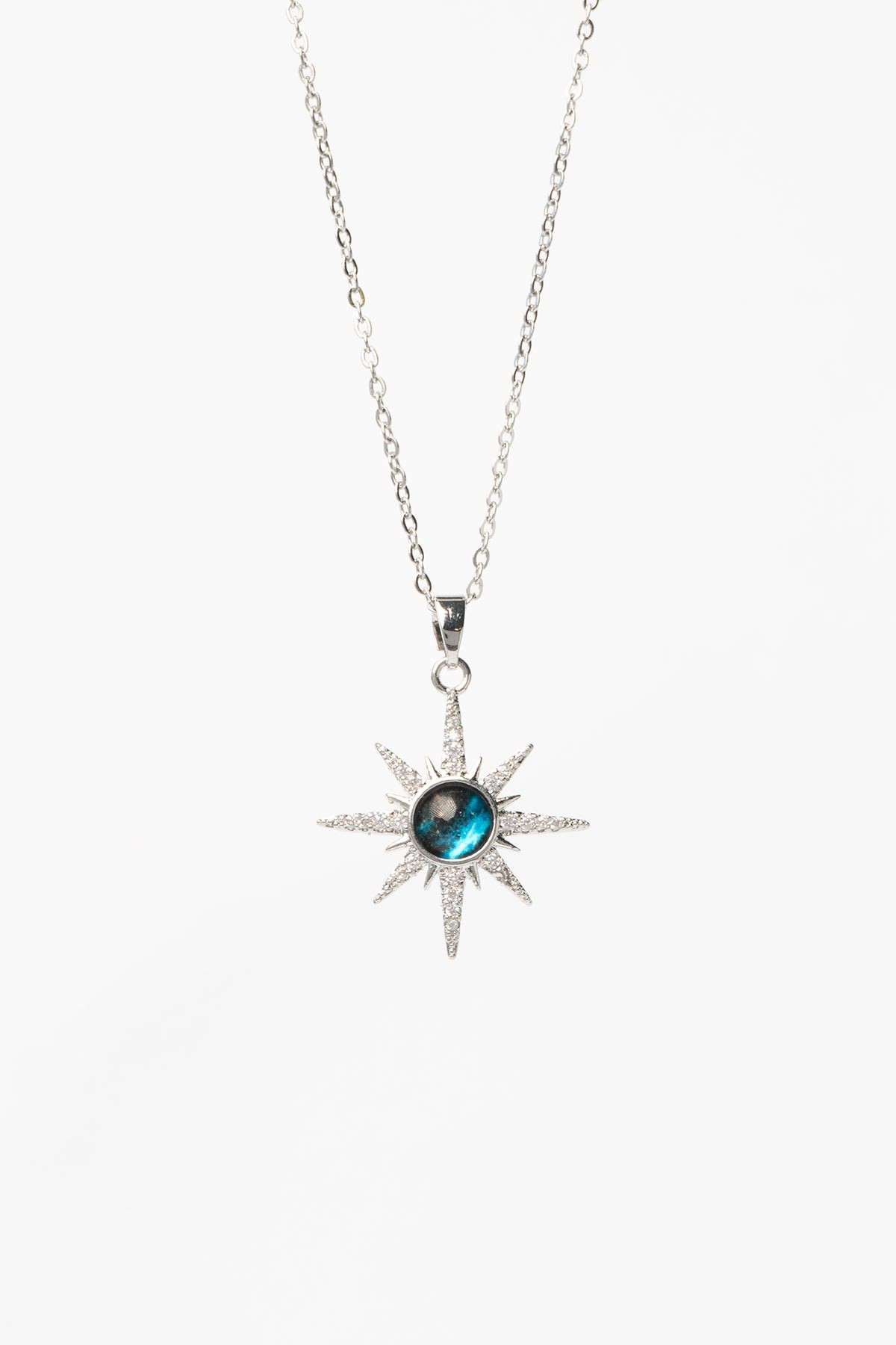Silver Minimal Zincir Zirkon Detay Mavi Taşlı Kuzey Yıldızı Sallantılı 45cm Çelik Kolye AKL4150