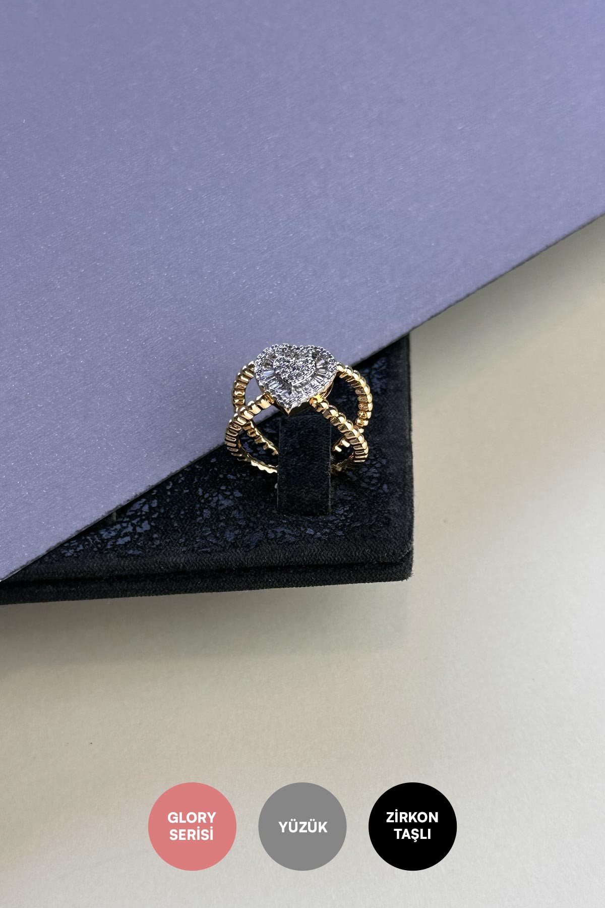 Gold Topçuk Tasarım Baget Taş Detay Zirkon Kalp Glory Yüzük AYZ8394