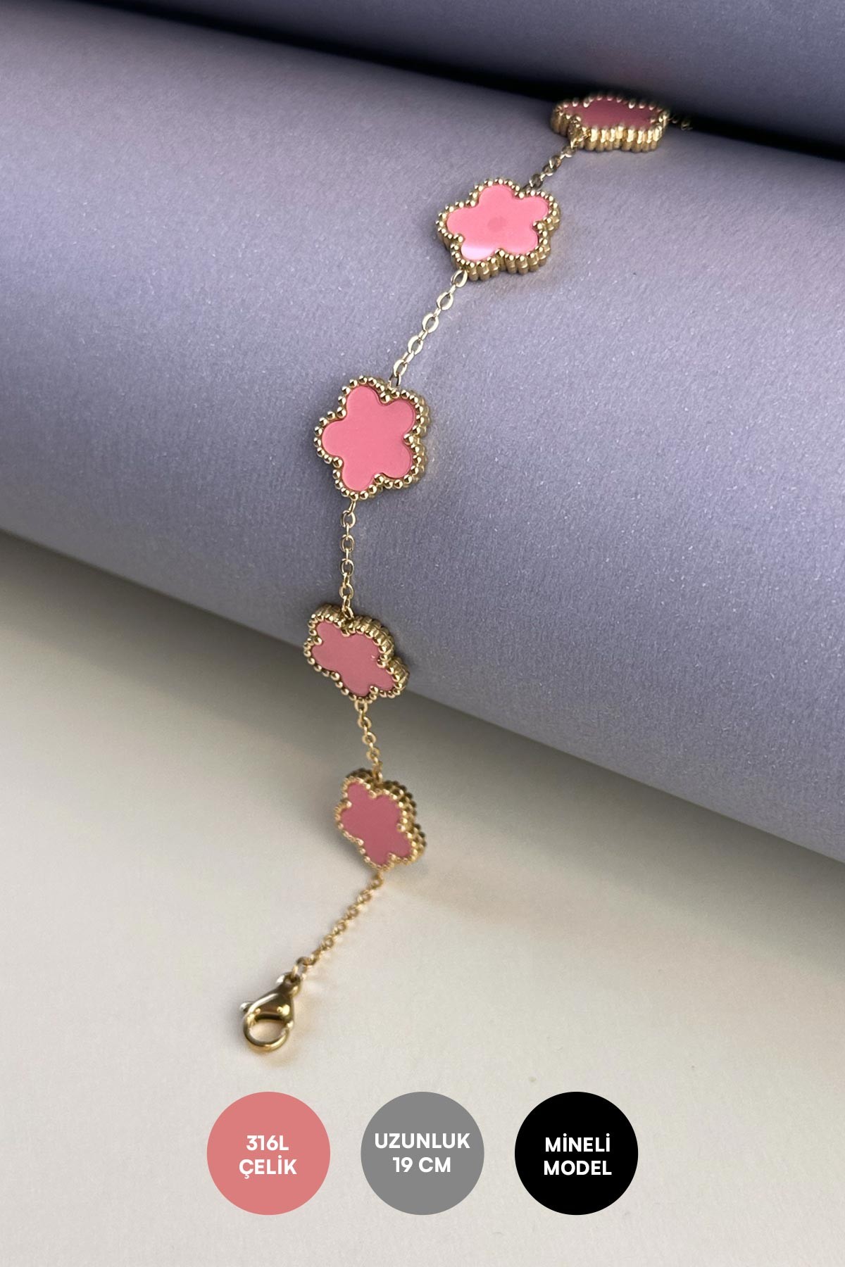 Pembe Sedefli Oval Köşeli Gold Yıldız Tasarım Çelik Bileklik ABL7043
