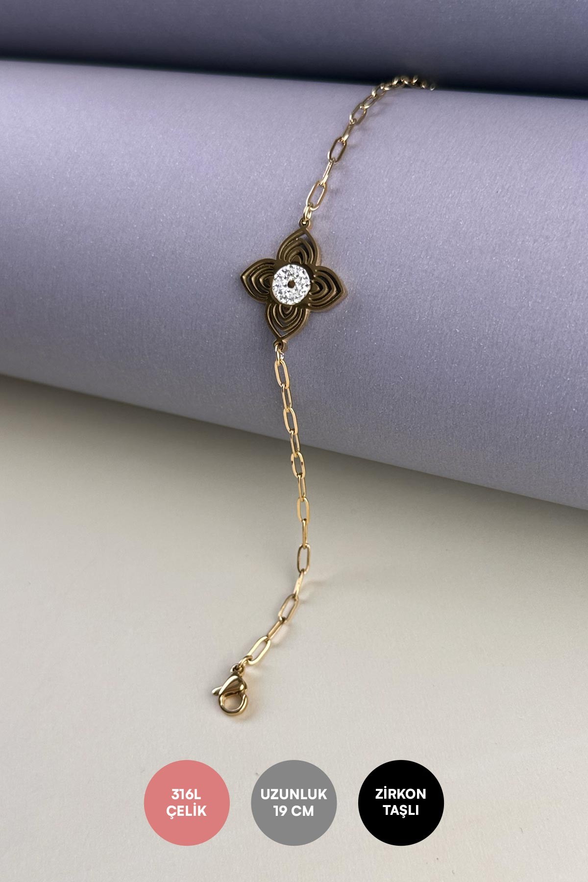 Gold Zirkon Tasarım Lotus Çiçeği Çelik Bileklik ABL6306