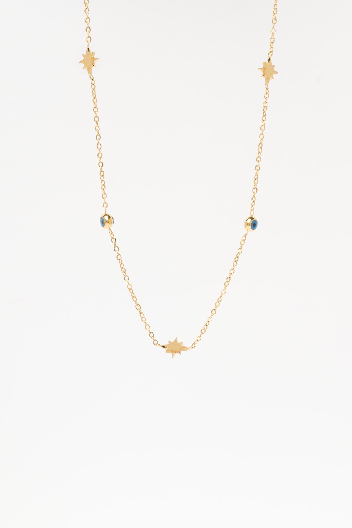 Gold Minimal Zincir Mini Kuzey Yıldızı Sıralı Nazarlık Detay 45cm Çelik Kolye AKL4365