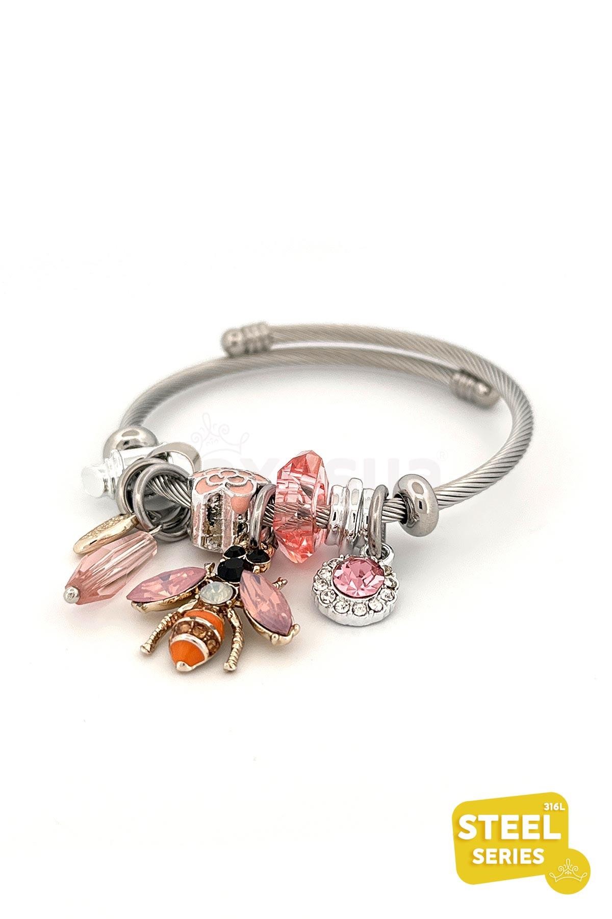 Pink Crystal Bee Charm Sallantılı Bileklik ABL1798