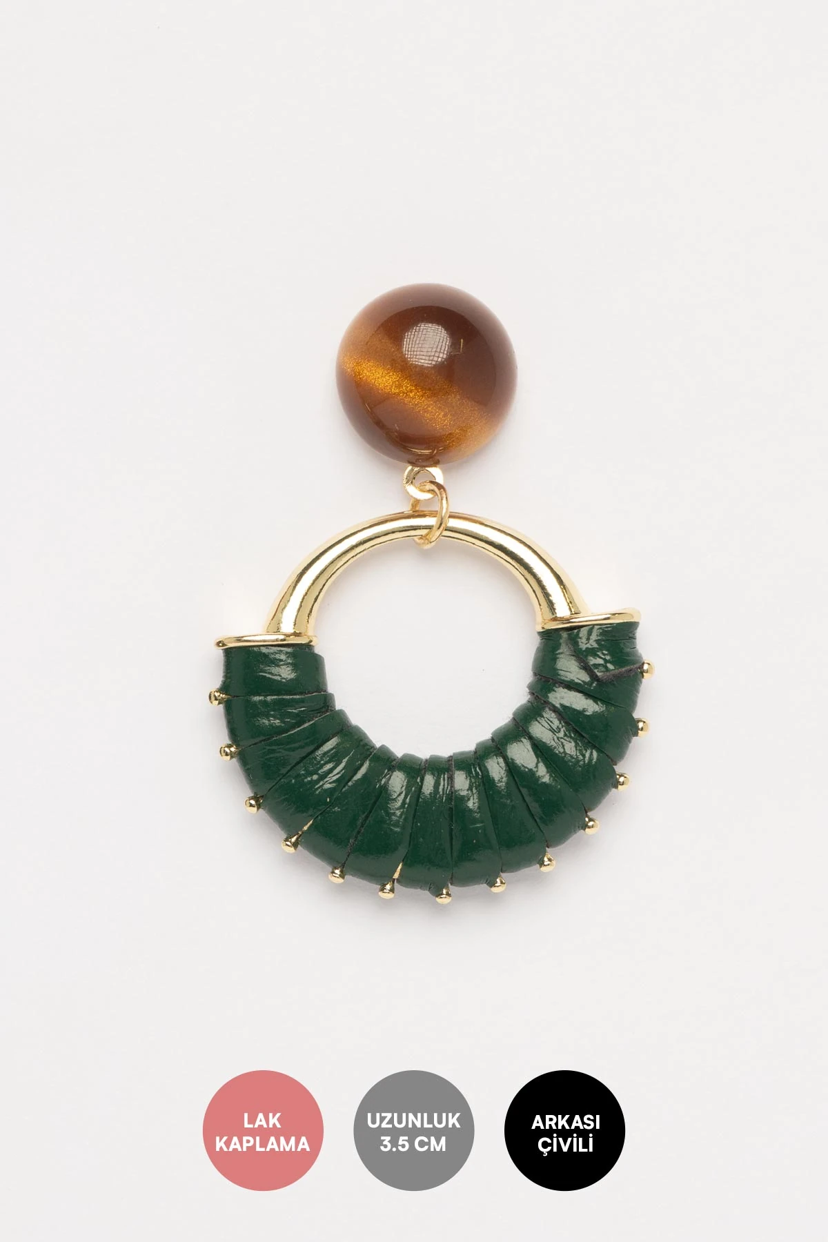 Kahverengi Boncuk Ucunda Deri Kaplı Yeşil Stefany Küpe AKE9778