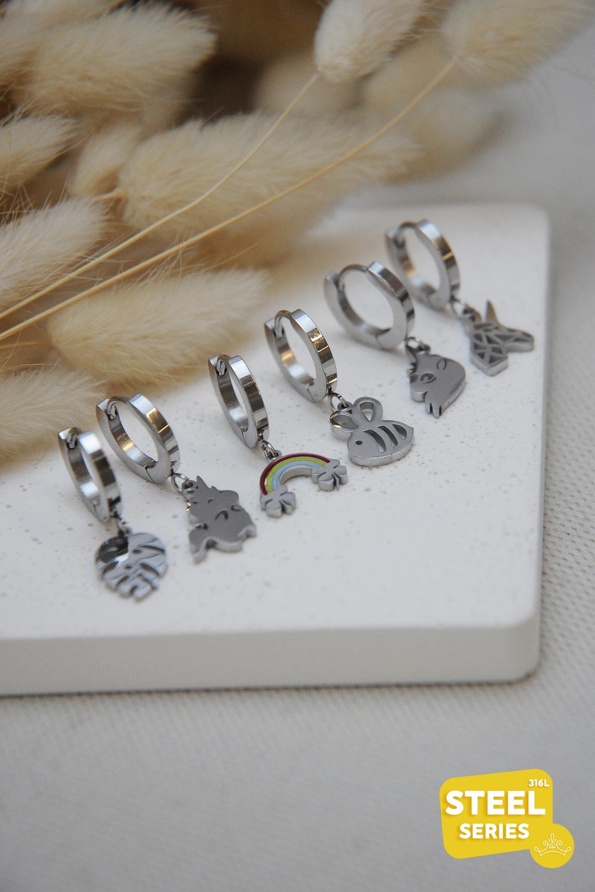 Silver Arı Unicorn Gökkuşağı Figürlü Altılı Çoklu Çelik Küpe AKE6861