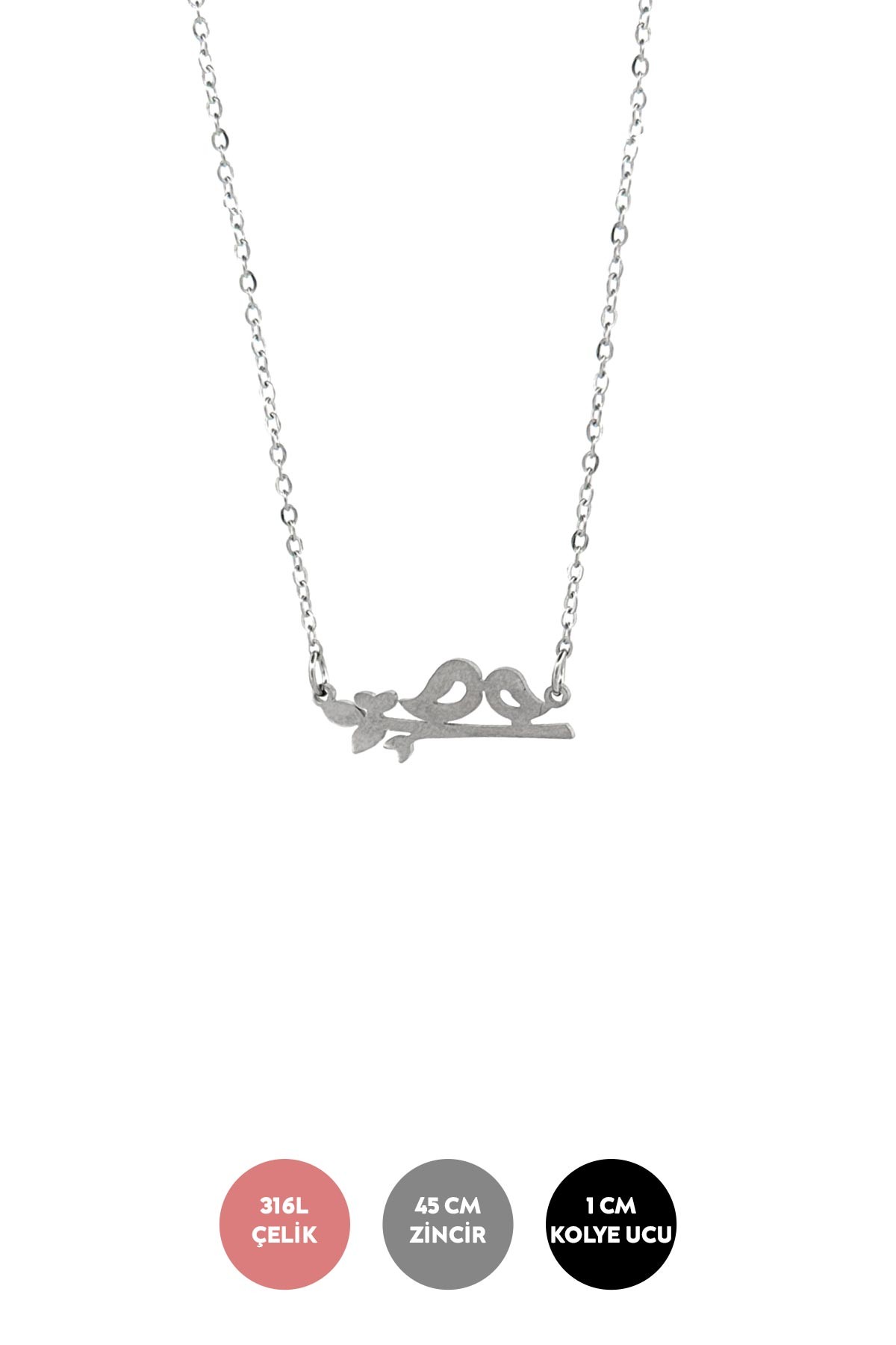 Silver Minimal Zincir Dal Üstünde Öpüşen Kuşlar Sallantılı Çelik Kolye 45 cm AKL3767