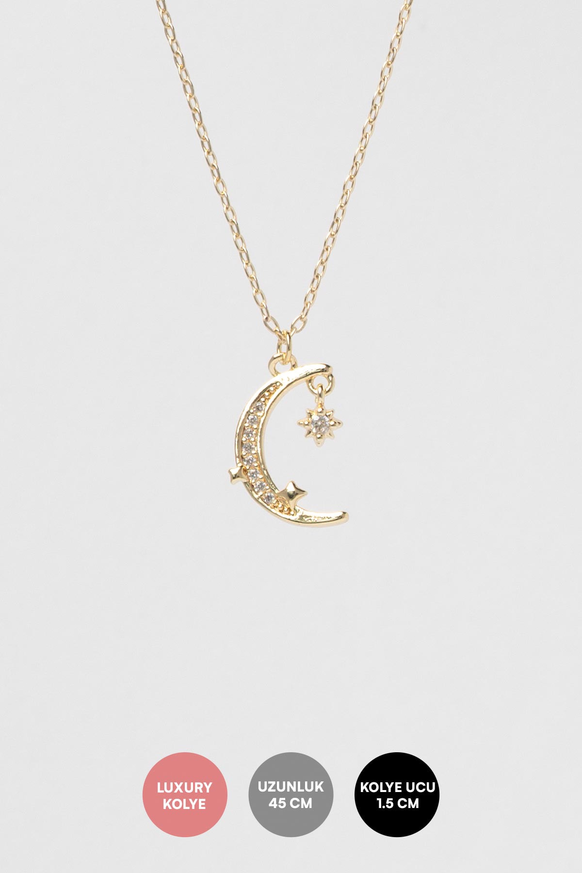 Gold Zirkon Taş Detay Minimal Hilal Sallantılı Luxury Kolye AKL4229