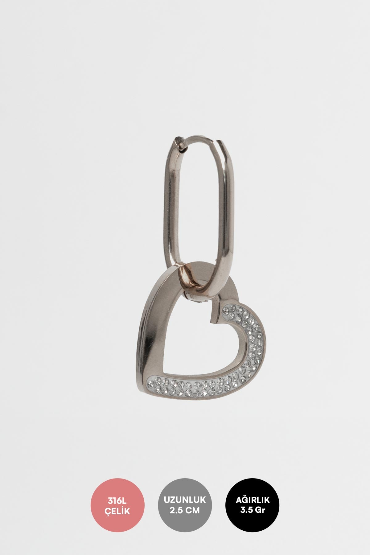 Silver Halka İçinde Sallantılı Zirkon Taş Detay Kalp Çelik Küpe AKE9229
