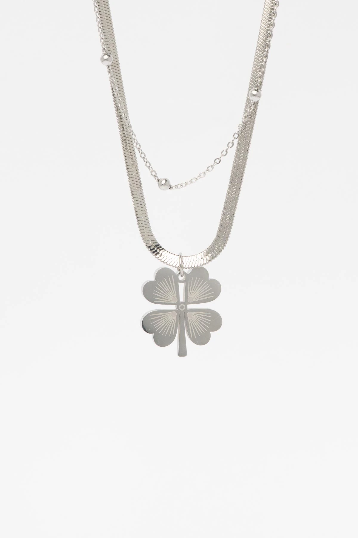 Çift Zincir Tasarım Topçuk Detay Silver Yonca Çelik Kolye 45 Cm AKL2163