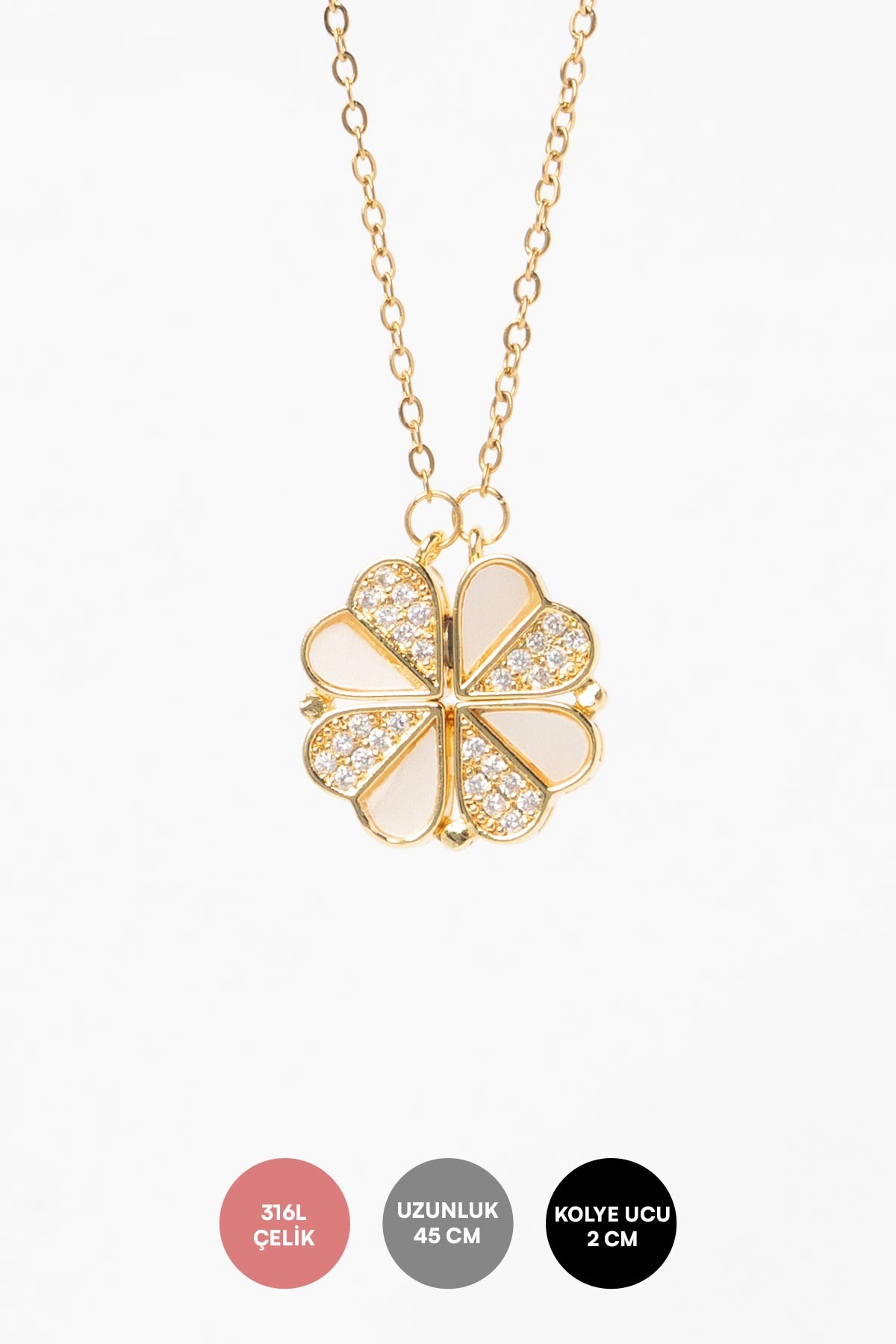 Gold Minimal Zincir Zirkon Ve Sedef Detay Kalp Tasarım Yonca Çelik Kolye 45 cm AKL4023