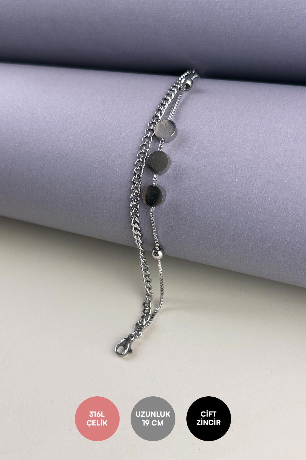 Silver Çift Zincir Üçlü Kalın Yassı Pul Mini Topçuk Detay Çelik Bileklik ABL6519
