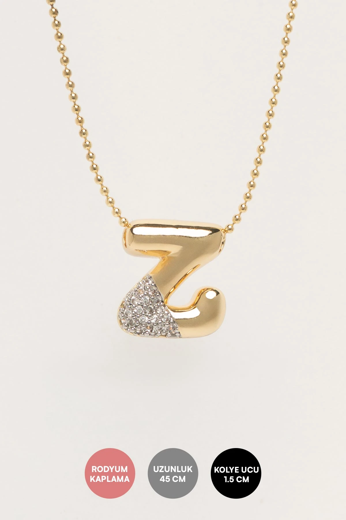 Gold Minimal Topçuk Zincir Zirkon Detay Z Harf 45cm Luxury Kolye AKL4447