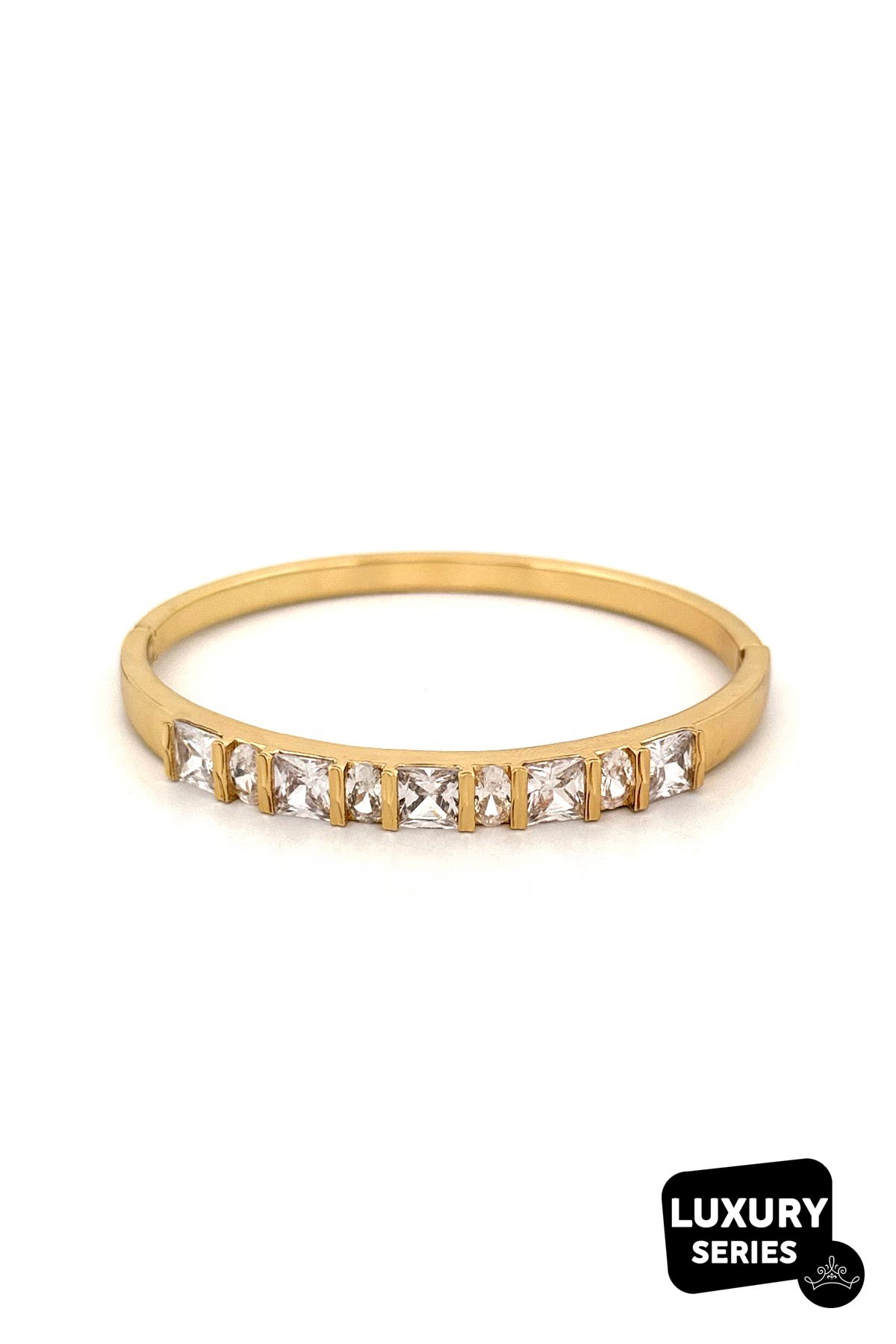 Gold Sıra Oval Ve Kare Kristal Taşlar Luxury Kelepçe ABL7083