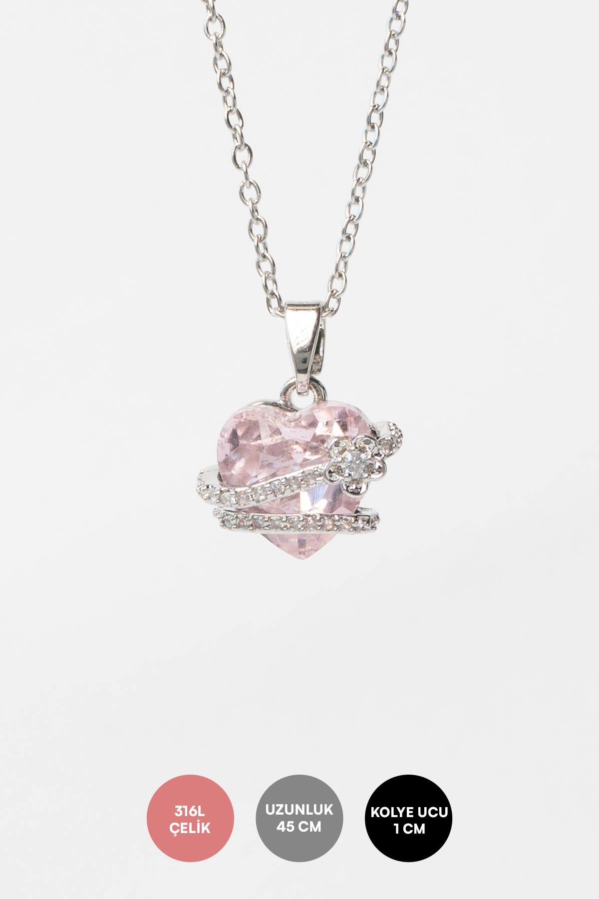 Silver Minimal Zincir Zirkon İp Sarılı Pembe Kristal Taş Sallantılı 45cm Çelik Kolye AKL4137