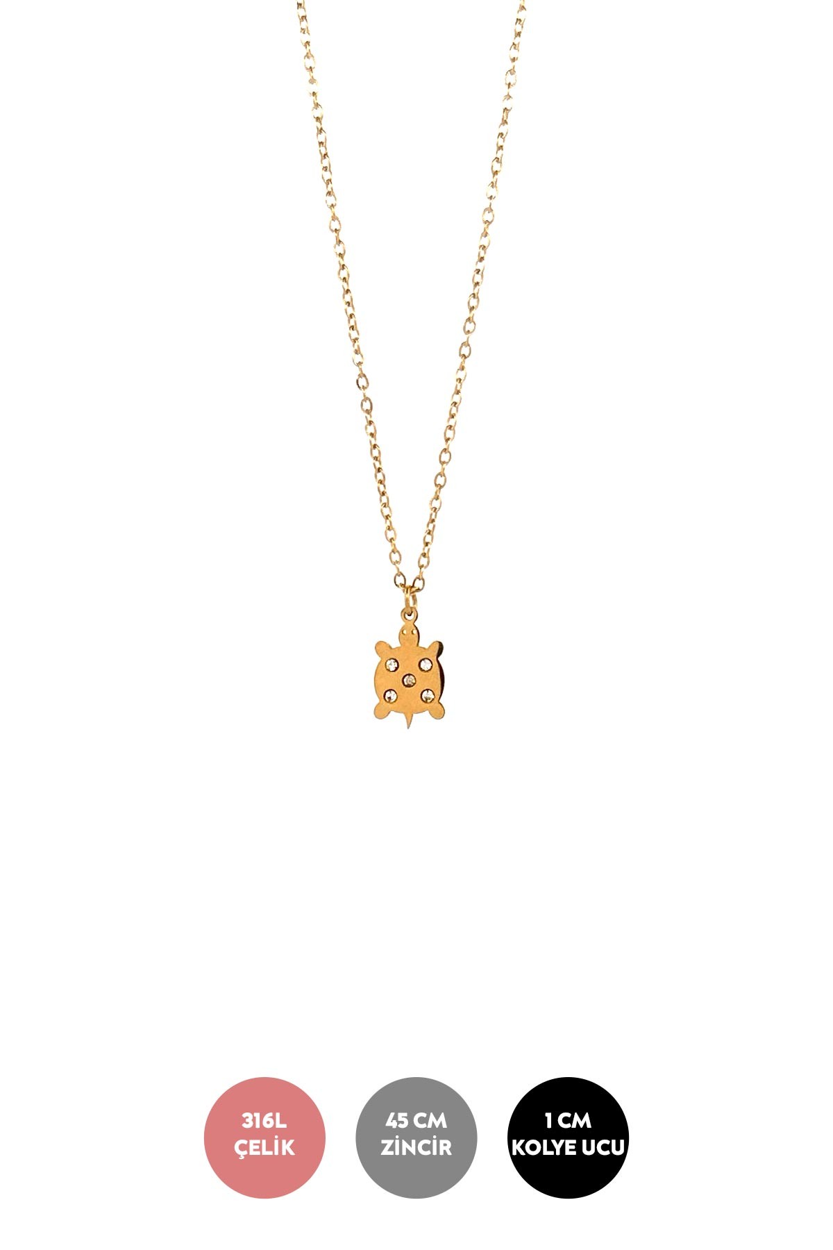 Gold Minimal Zincir Zirkon Detay Kaplumbağa Sallantılı Çelik Kolye 45 cm AKL3772