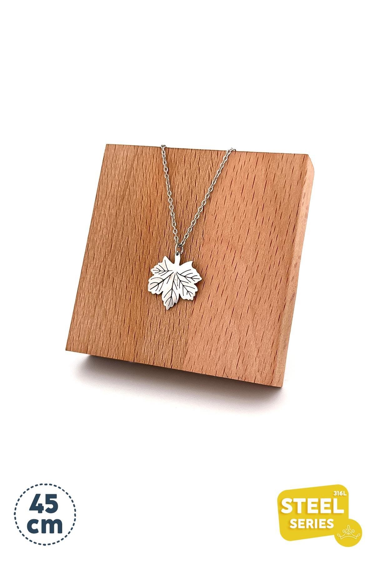 Minimal Zincir Silver Çınar Yaprağı Çelik Kolye 45 Cm AKL1643