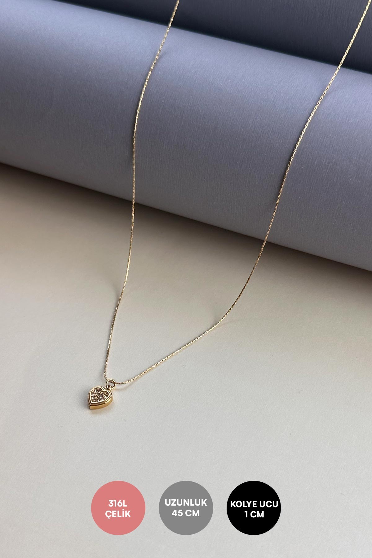Gold Minimal Zirkon Detay Kalp Sallantılı 45cm Çelik Kolye AKL4013