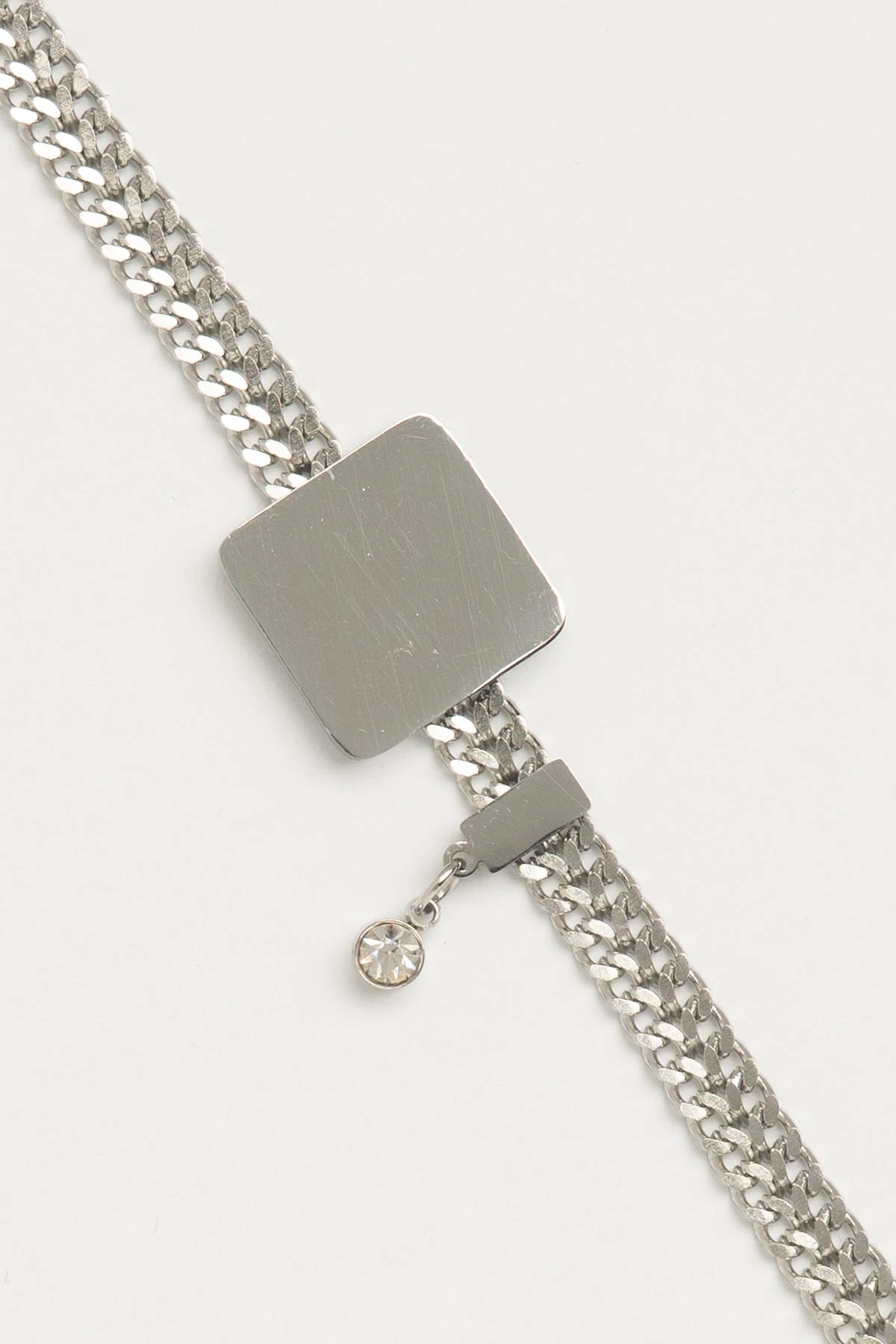 Silver Yassı Zincir Tasarım Kare Plaka Ve Tektaş Sallantılı Çelik Bileklik ABL6700