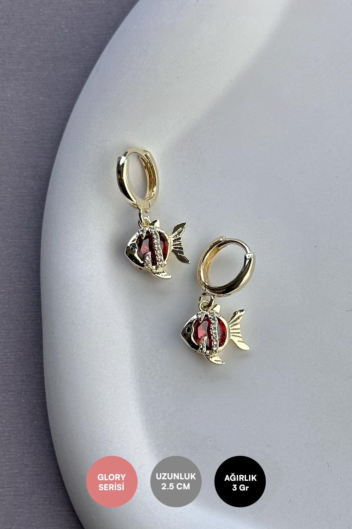 Gold Kırmızı Taş Detay Balık Sallantılı Glory Küpe AKE9153