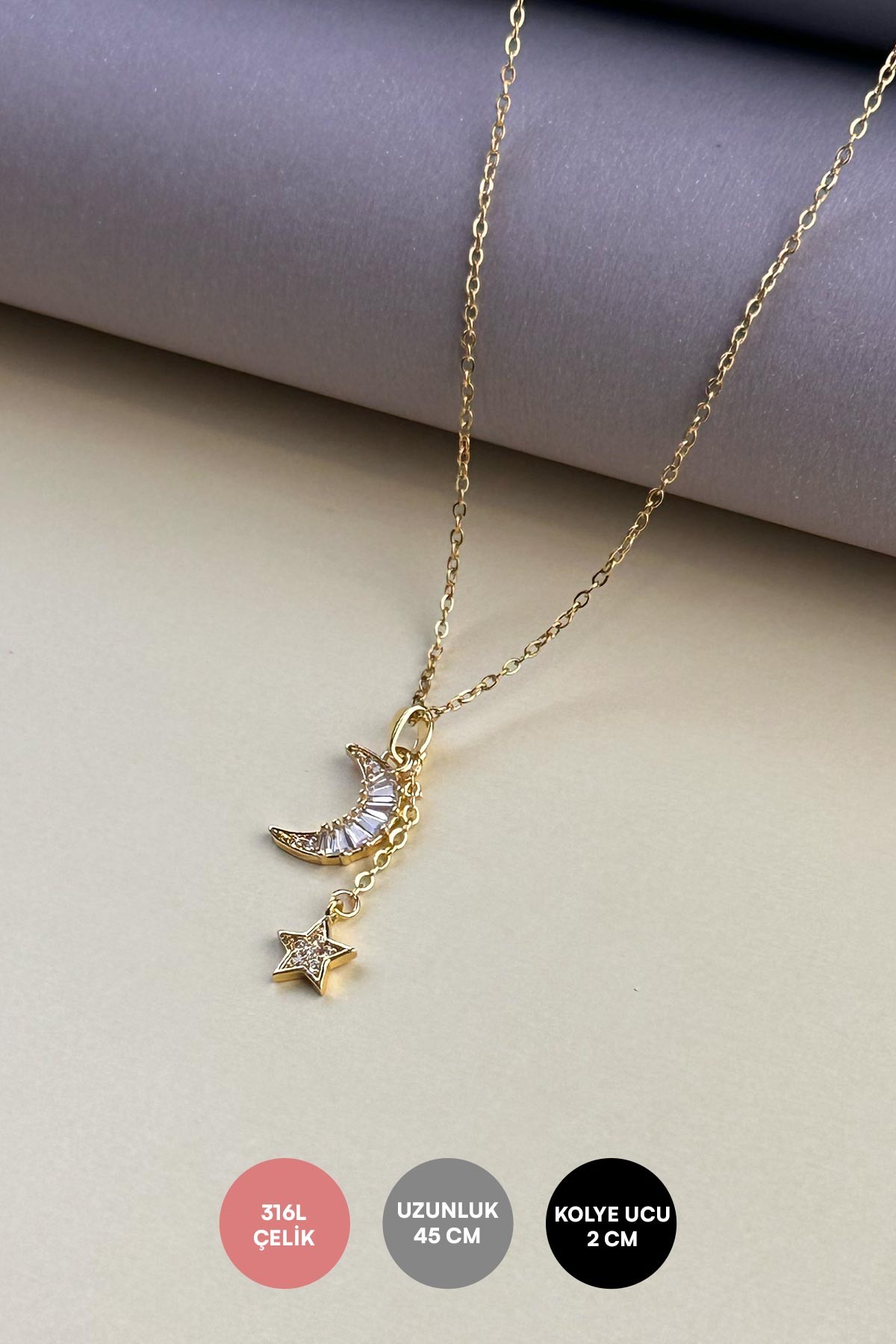 Gold Minimal Zincir Baget Detay Ay Ve Zirkon Detay Yıldız Sallantılı Çelik Kolye 45 cm AKL4068