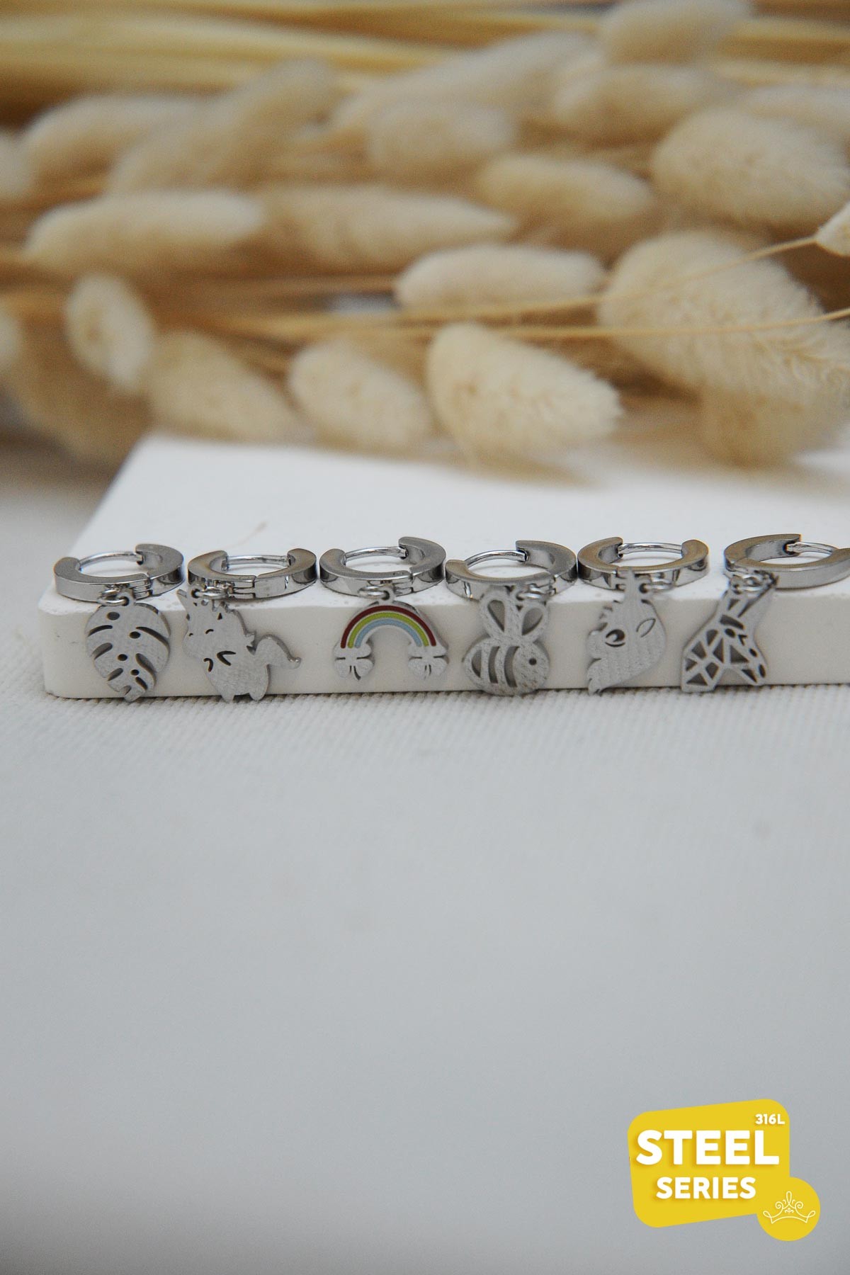 Silver Arı Unicorn Gökkuşağı Figürlü Altılı Çoklu Çelik Küpe AKE6861