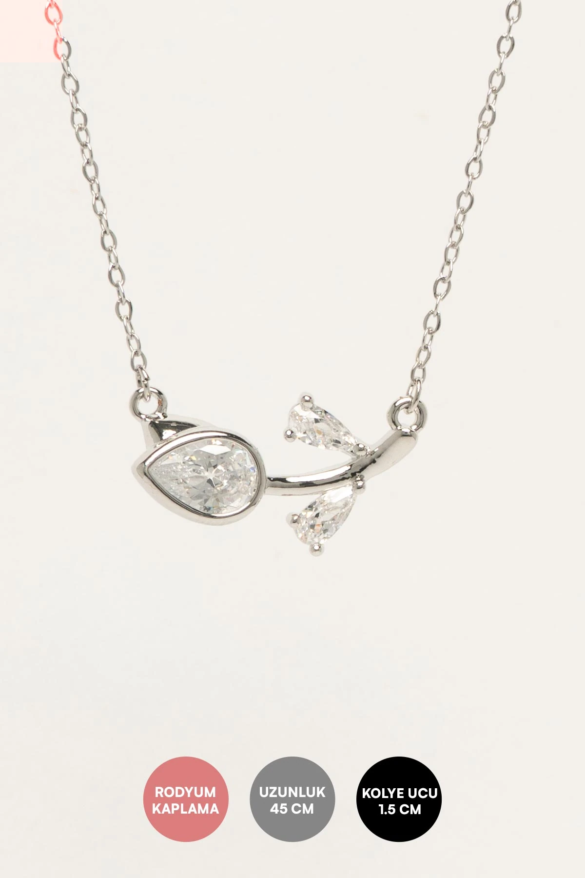 Silver Minimal Zincir Kristal Taş Yapraklı Lale Sallantılı 45cm Luxury Kolye AKL4431