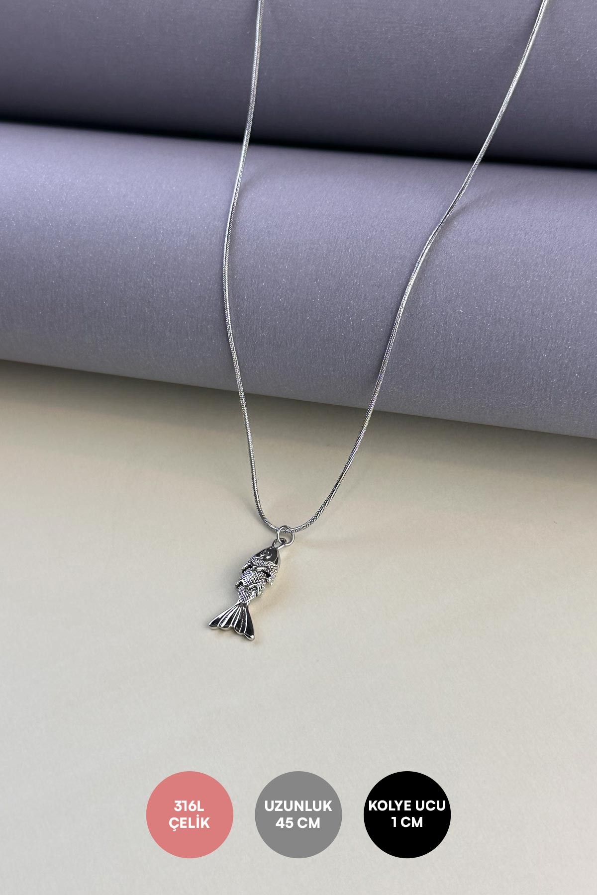 Silver Minimal Boru Zincir Zirkon Göz Balık Tasarım Çelik Kolye 45 cm AKL3861