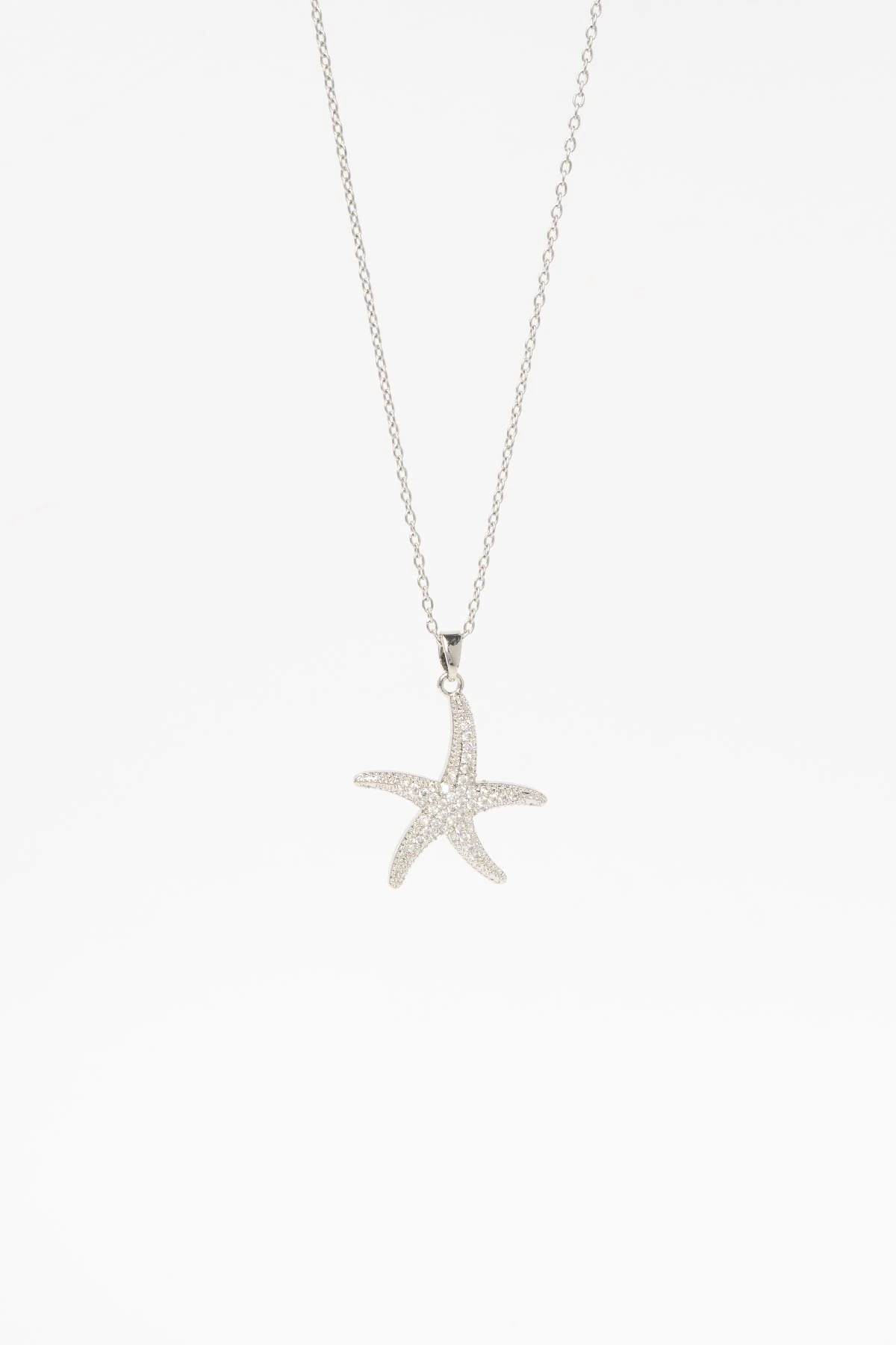 Silver Zirkon Kaplı Deniz Yıldızı Sallantılı 45cm Çelik Kolye AKL4309