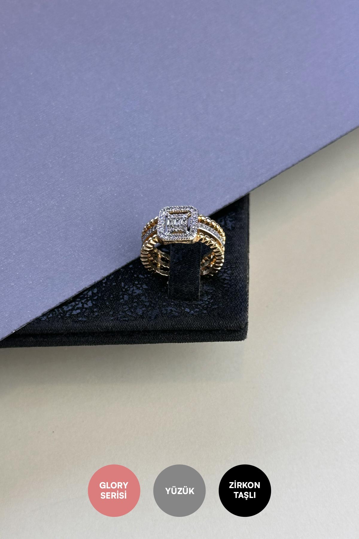 Gold Üç Sıra Topçuk Tasarım Zirkon Ve Baget Detay Jessica Glory Yüzük AYZ8397