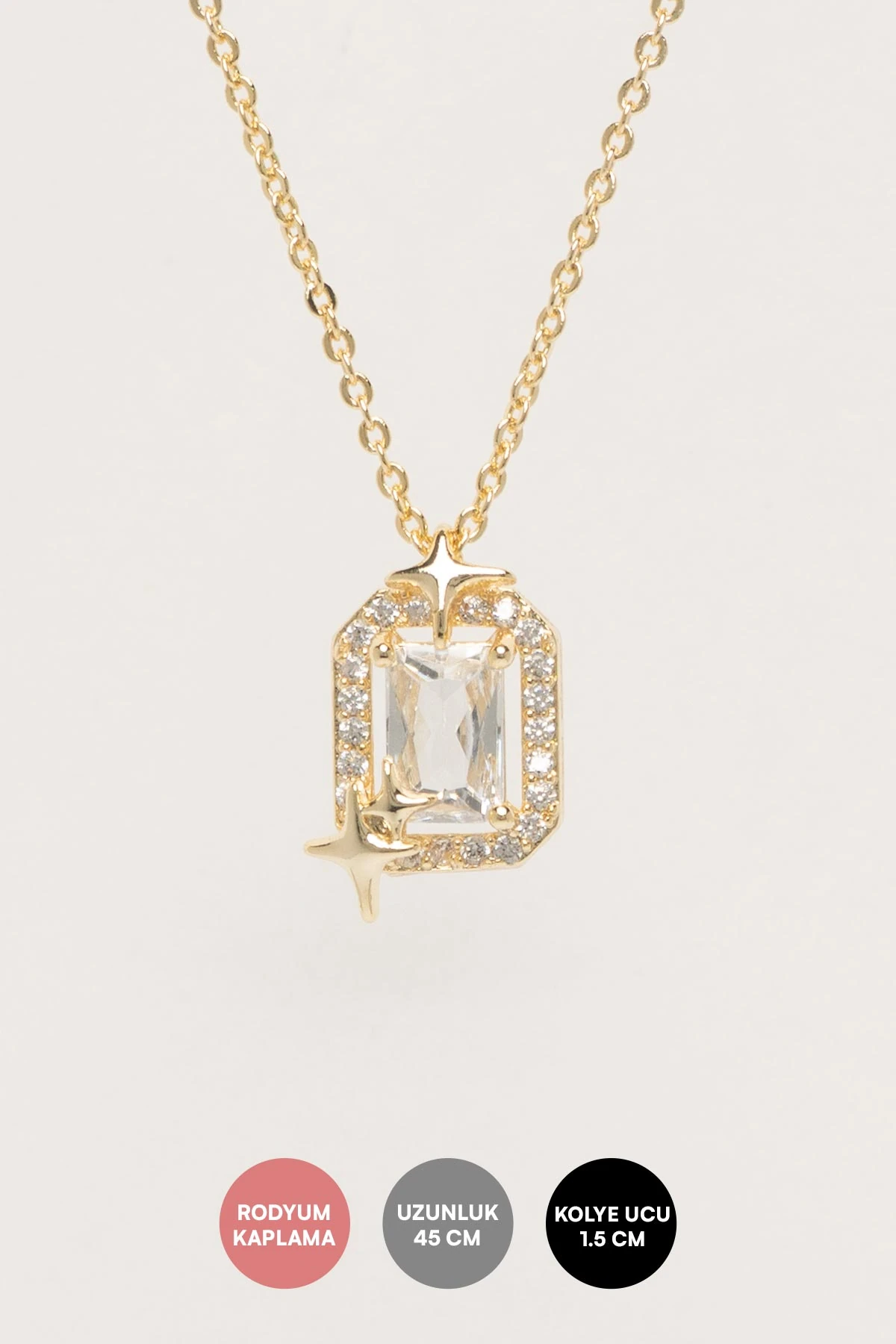 Gold Zirkon Çerçeve Kare Kristal Taş Sallantılı Luxury Kolye AKL4410