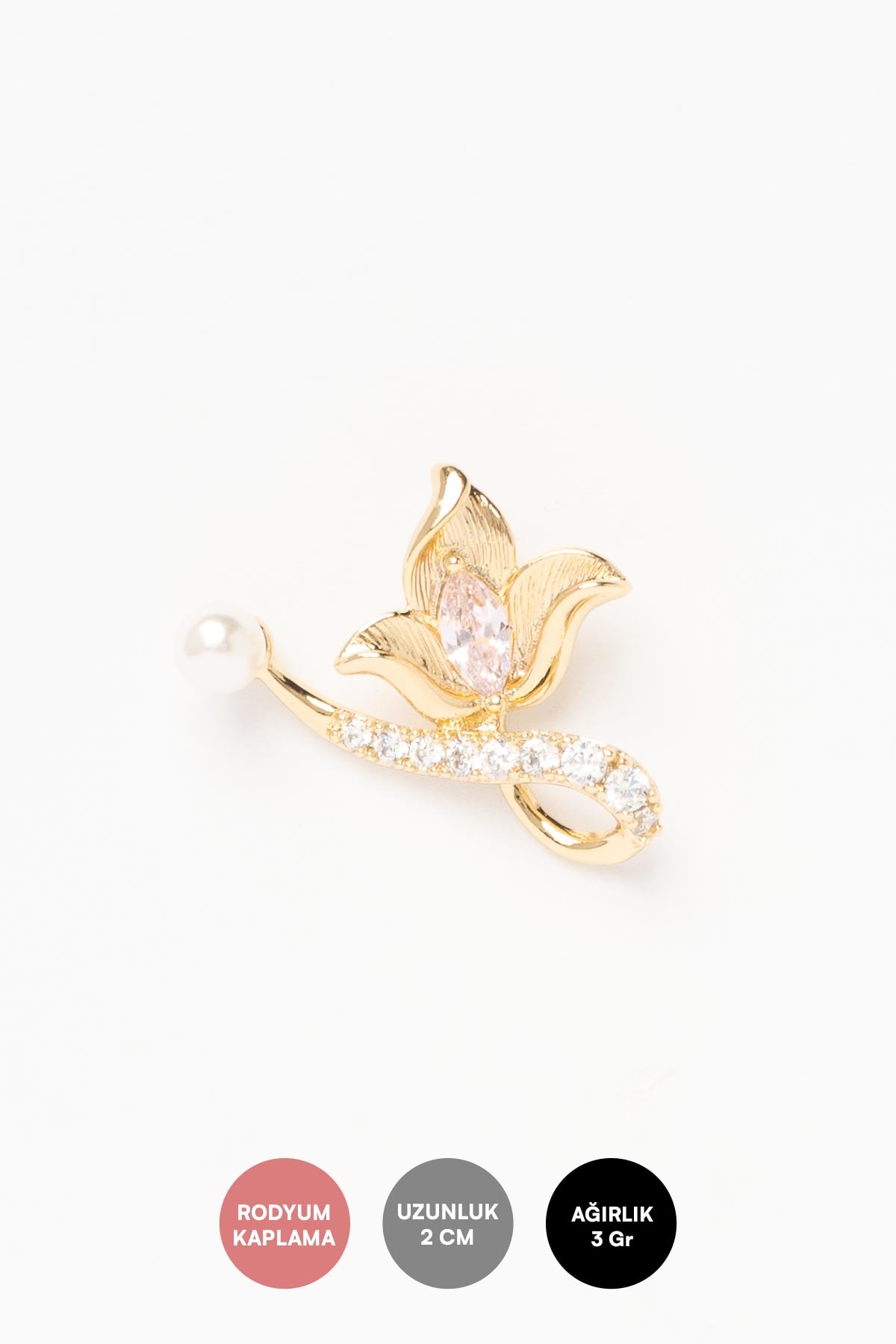 Gold Pembe Taşlı Yaprak Desenli İnci Luxury Küpe AKE9394