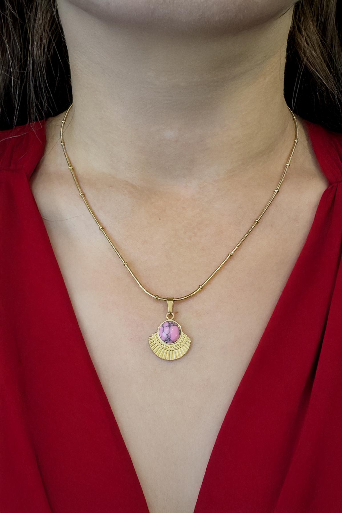 Gold Minimal Topçuklu Boru Zincir Pembe Firuze Sallantılı Çelik Kolye 45 cm AKL3790
