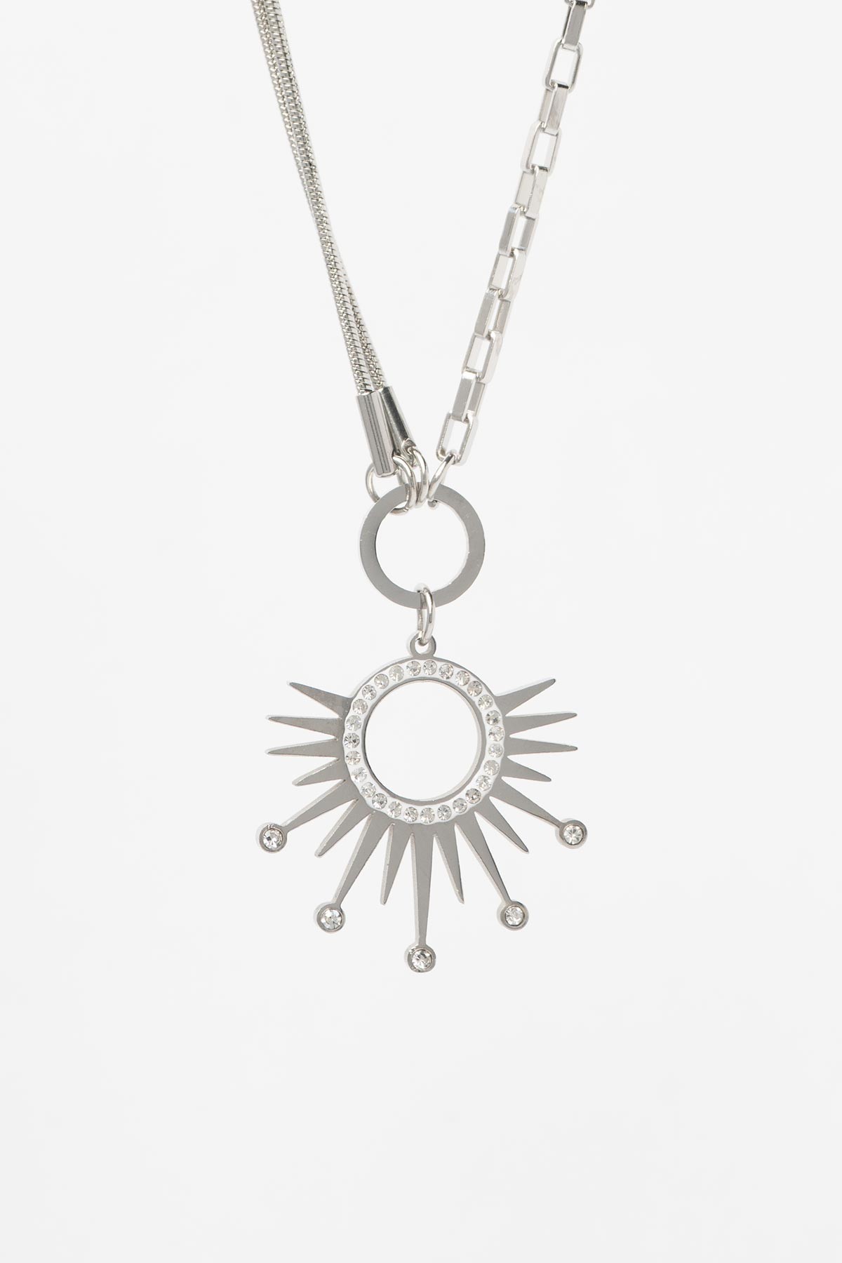 Silver Çift Zincir Zirkon Detay Ve Tektaş Uçlu Güneş Figürü Çelik Kolye 45 cm AKL4052