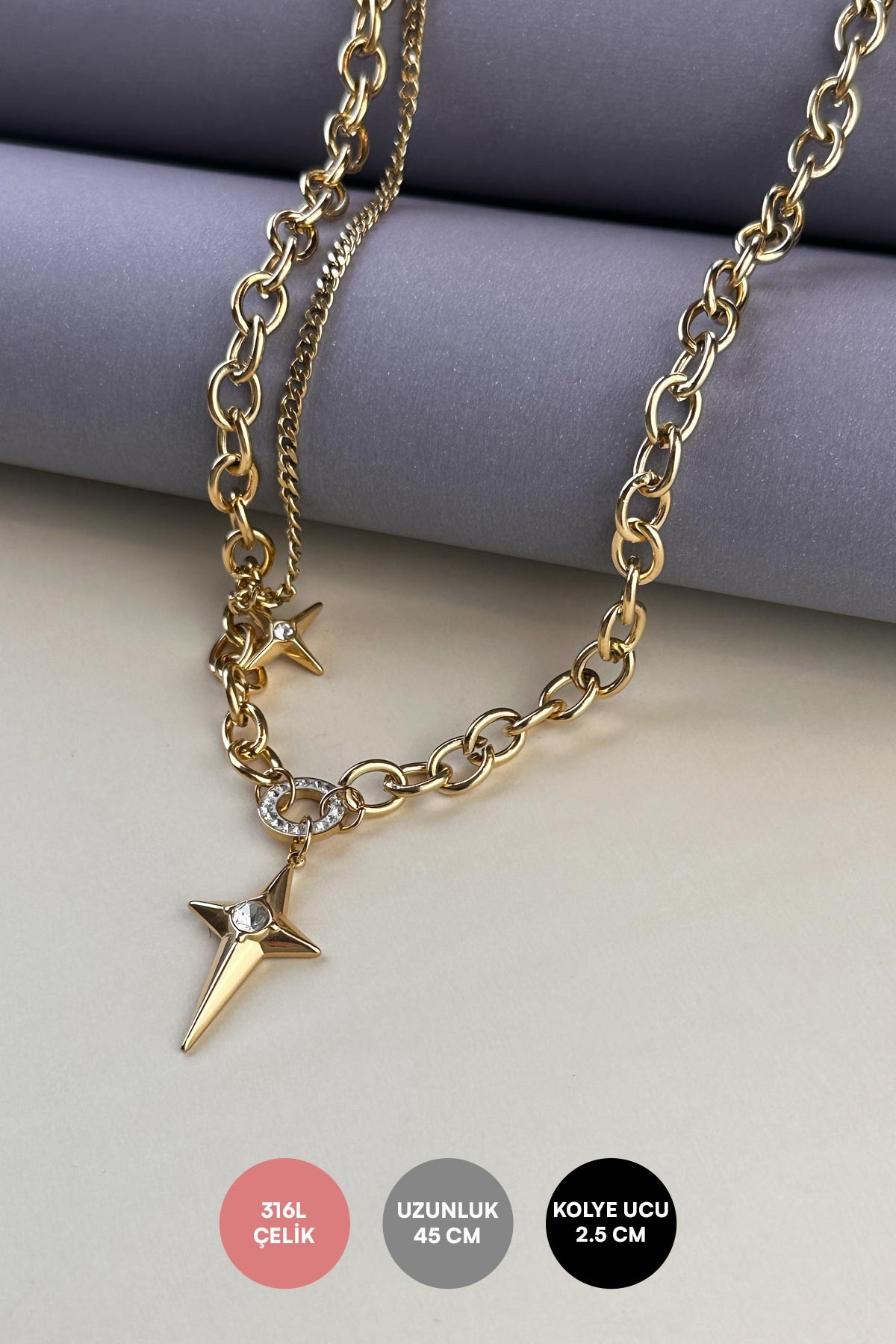Zirkon Çember Detay Kristal Taşlı Dört Köşe Gold Yıldız Sallantılı Çelik Kolye 45 cm AKL3724
