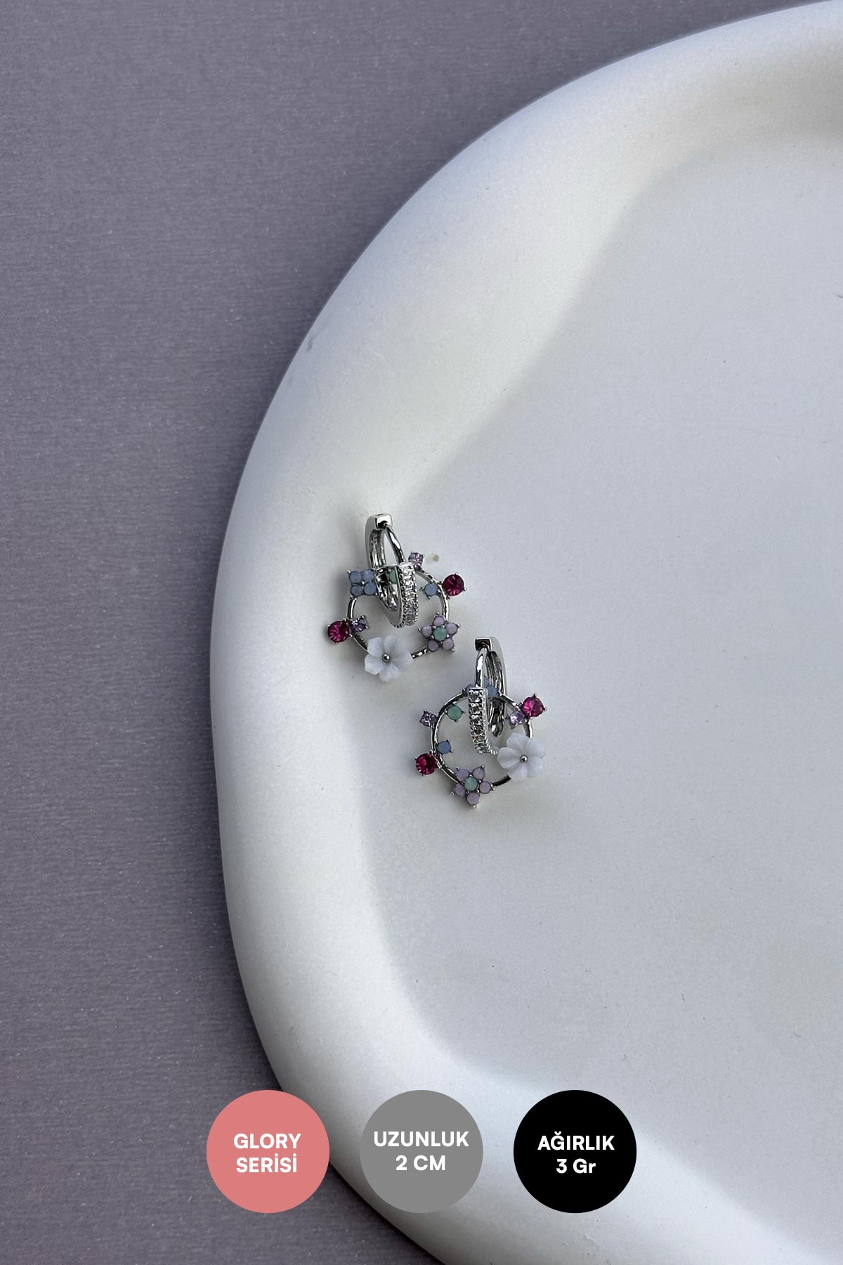 Silver Zirkon Detay Pastel Renkli Çiçek Buketi Sallantılı Glory Küpe AKE9194
