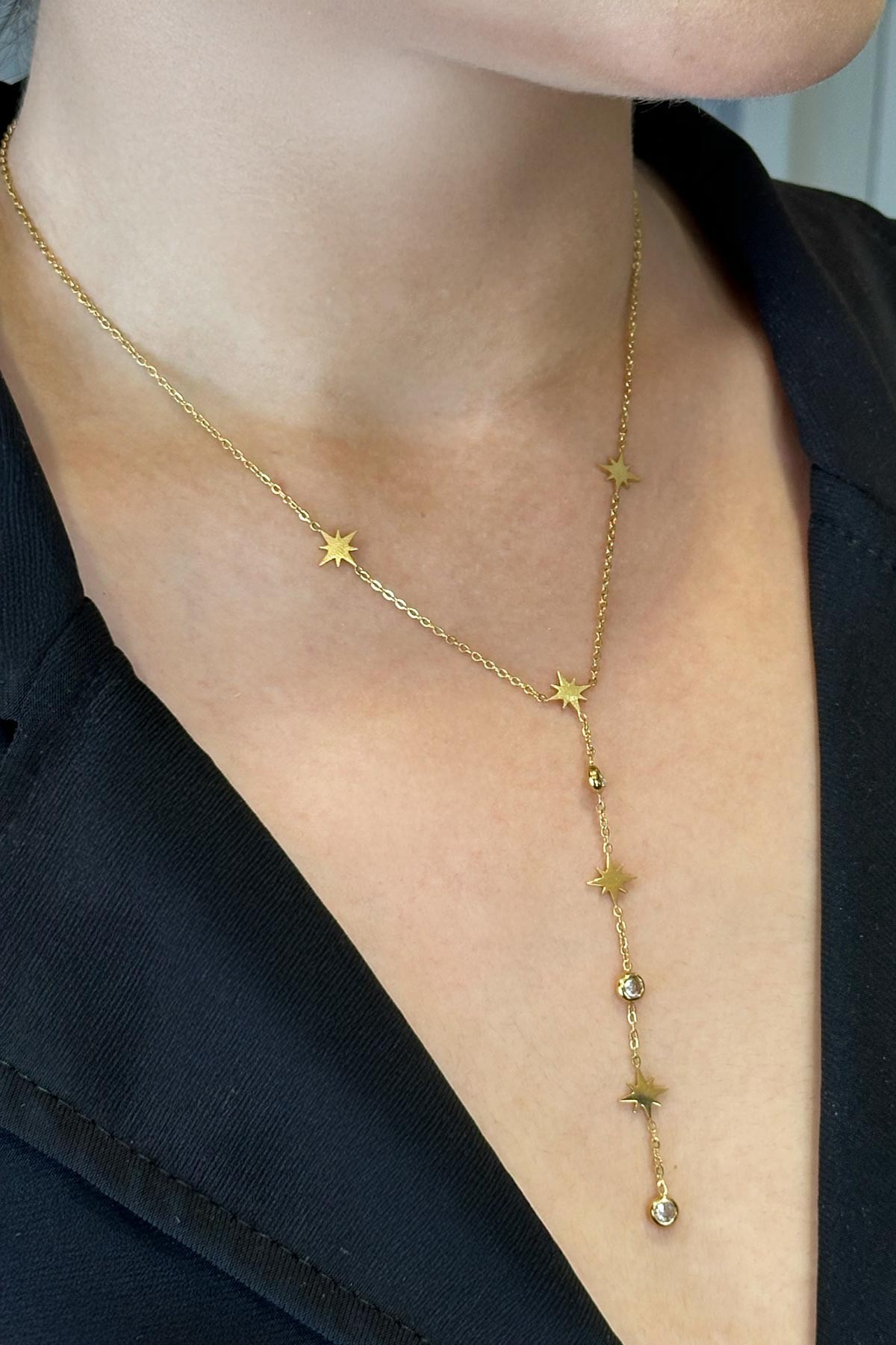 Gold Y Tasarım Minimal Tektaş ve Kuzey Yıldızı Detay Çelik Kolye 45 cm AKL3749