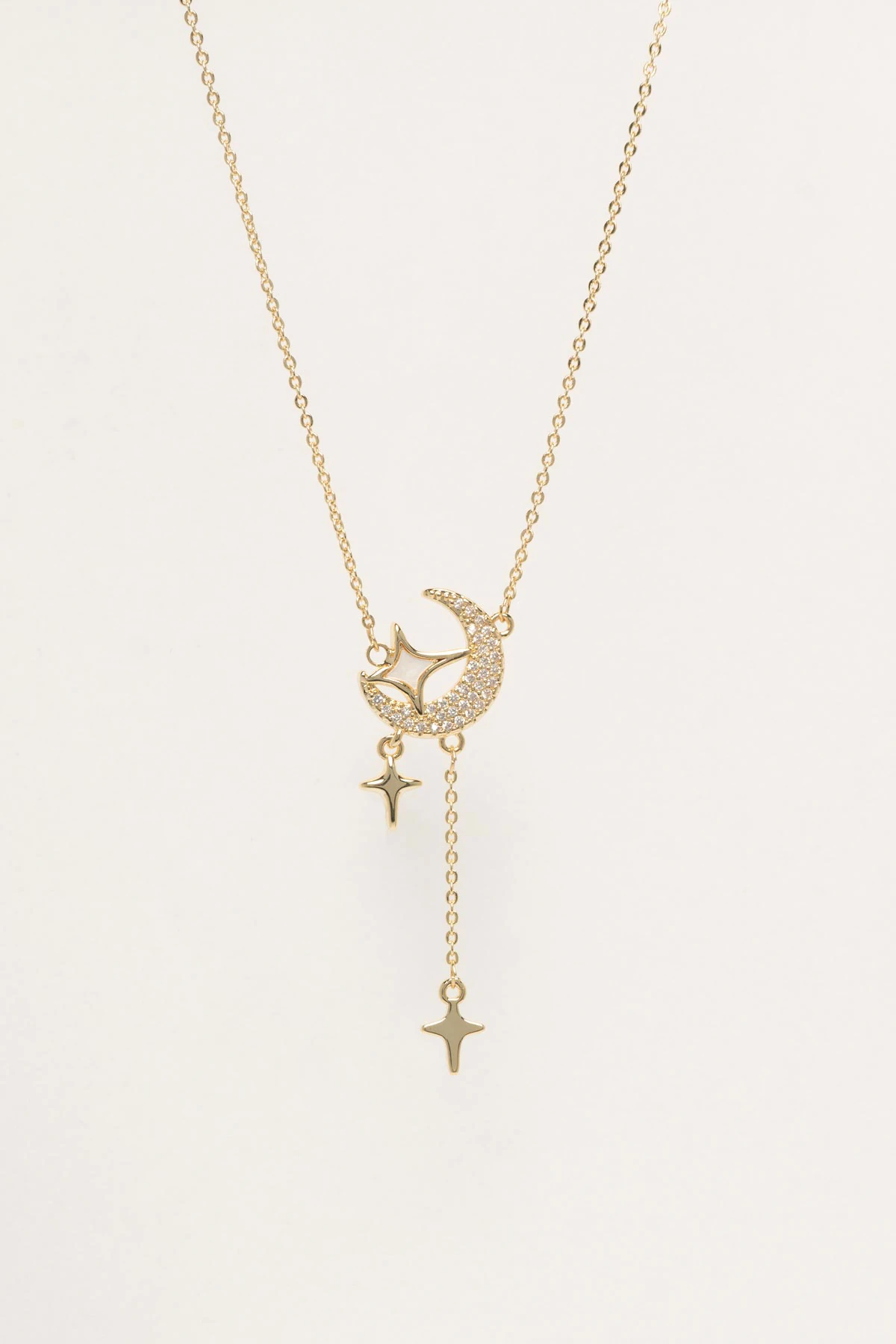 Gold Zirkon Ay Sedef Yıldız Sallantılı Luxury Kolye AKL4409