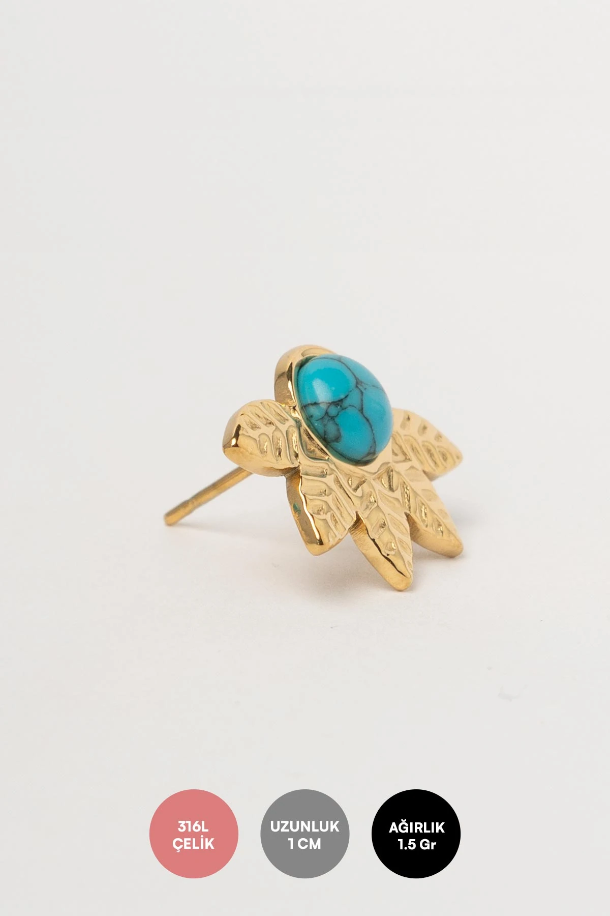 Gold Turkuaz Taş Detay Desenli Yaprak Tasarım Çelik Küpe AKE9269