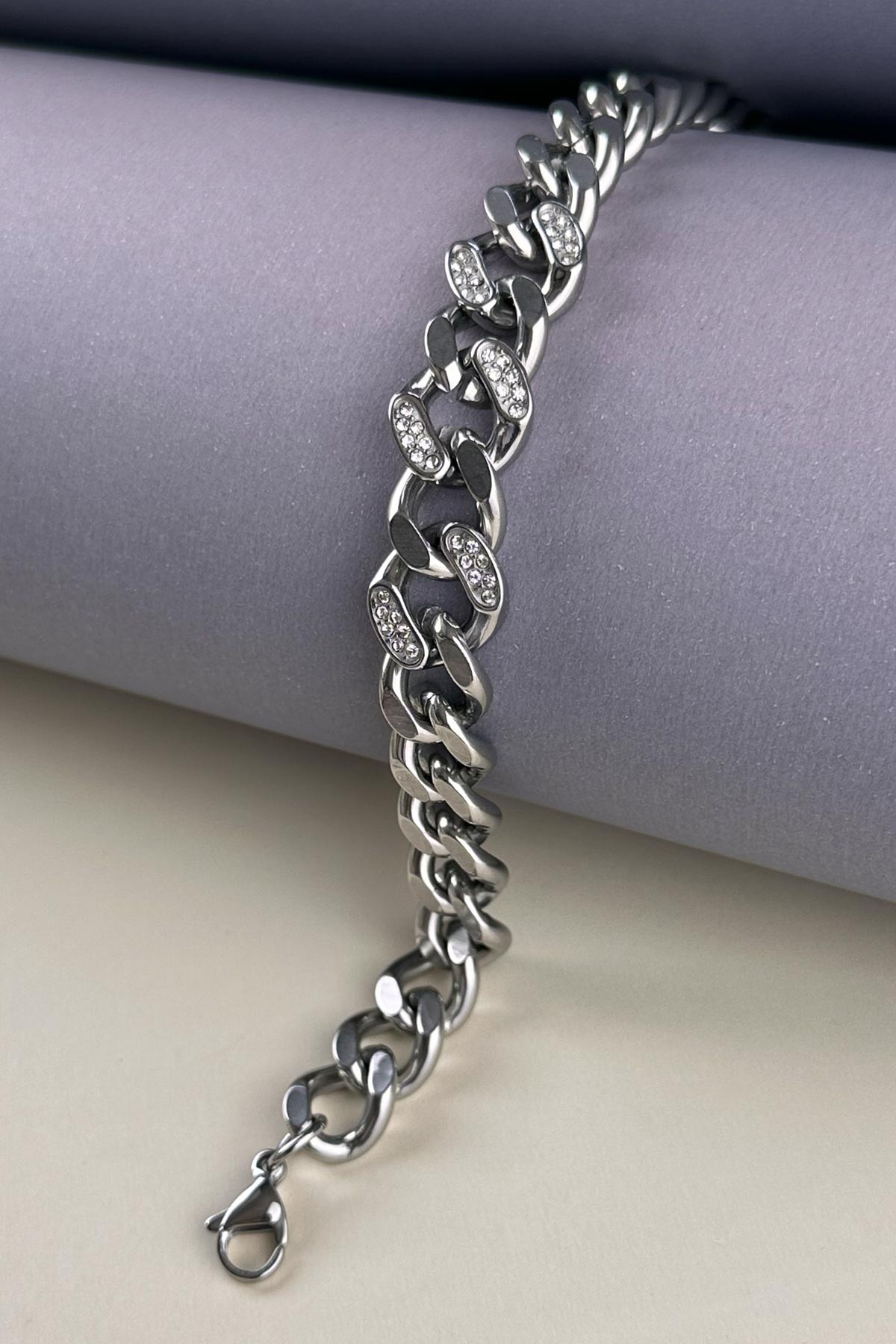 Silver Zirkon Detay Kalın Casual Zincir Çelik Bileklik ABL7210