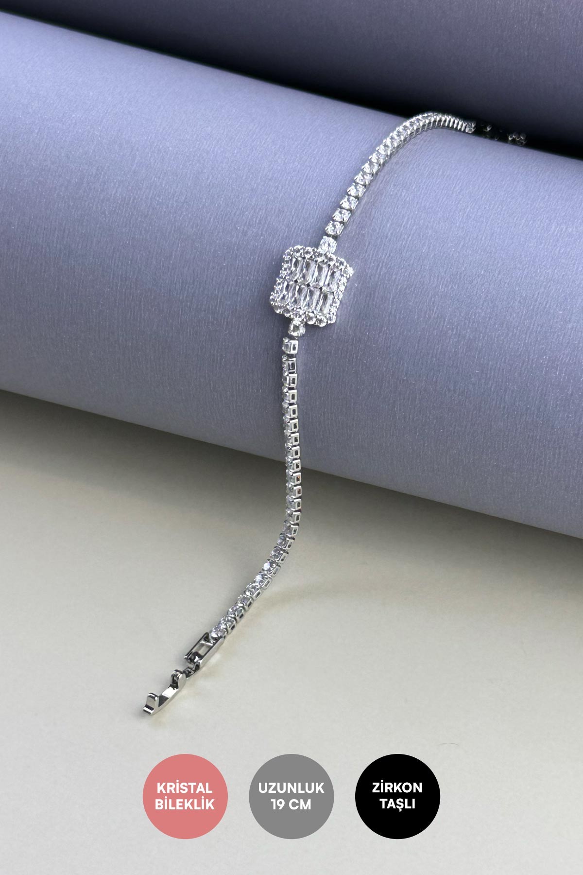 Silver Suyolu Tasarım Zirkon Ve Baget Detay Kare Bijuteri Bileklik ABL7259