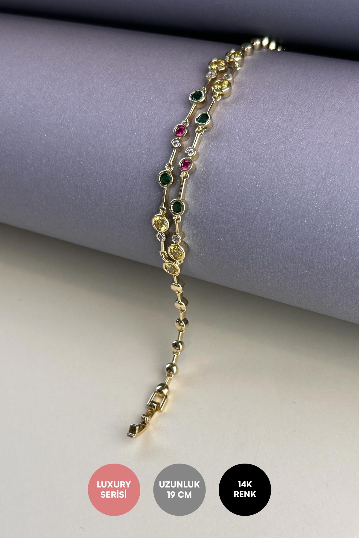 Gold Tasarım Renkli Kristal Taşlı Çift Sıra Luxury Bileklik ABL7165