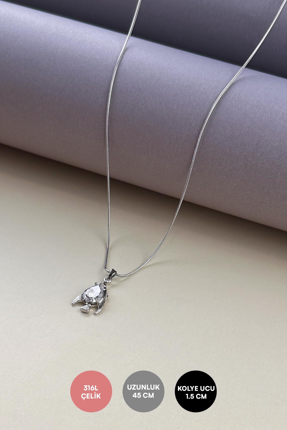 Silver Minimal Boru Zincir Büyük Kristal Taş Detay Balık Tasarım Çelik Kolye 45 cm AKL3867