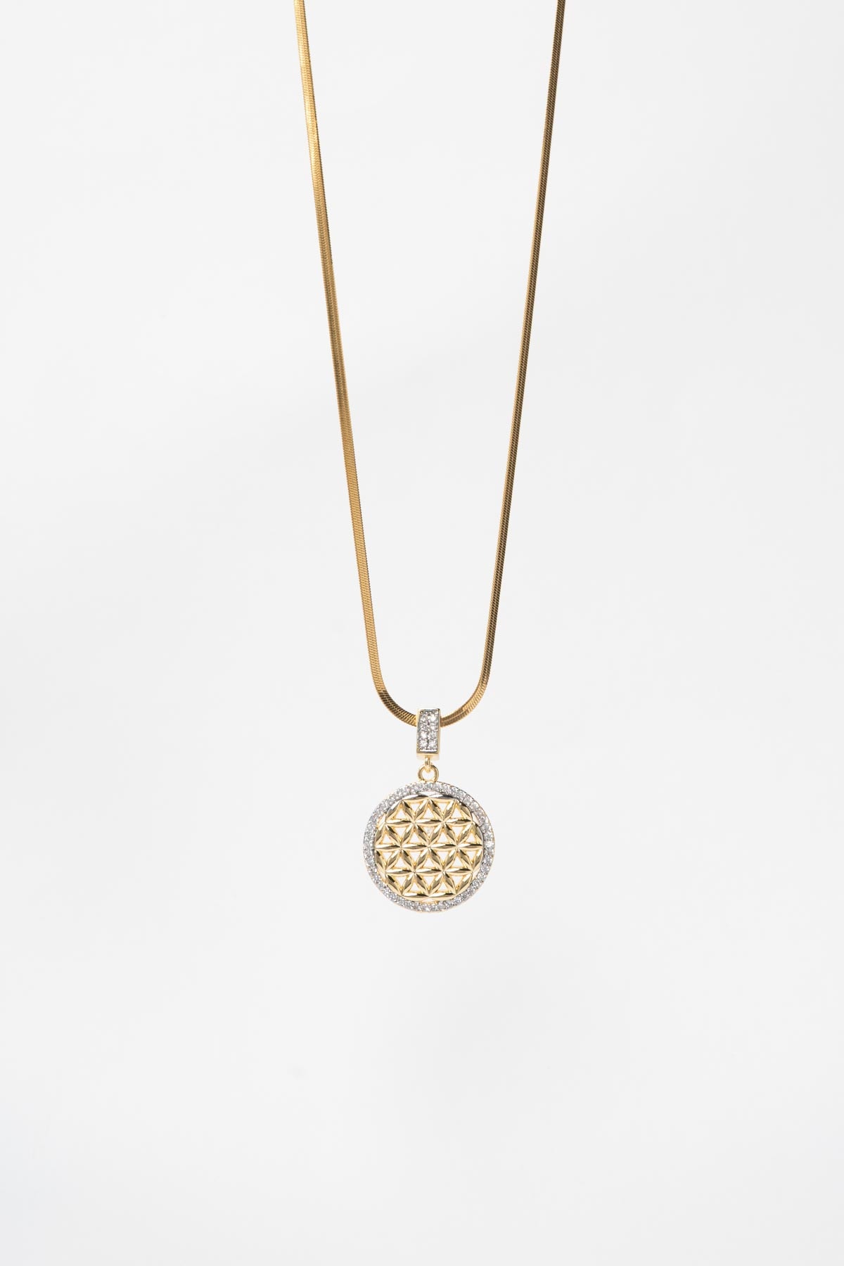 Gold Slim İtalyan Zincir Zirkon Çerçeveli Yaşam Ağacı Tasarım Sallantılı 60cm Çelik Kolye AKL4119