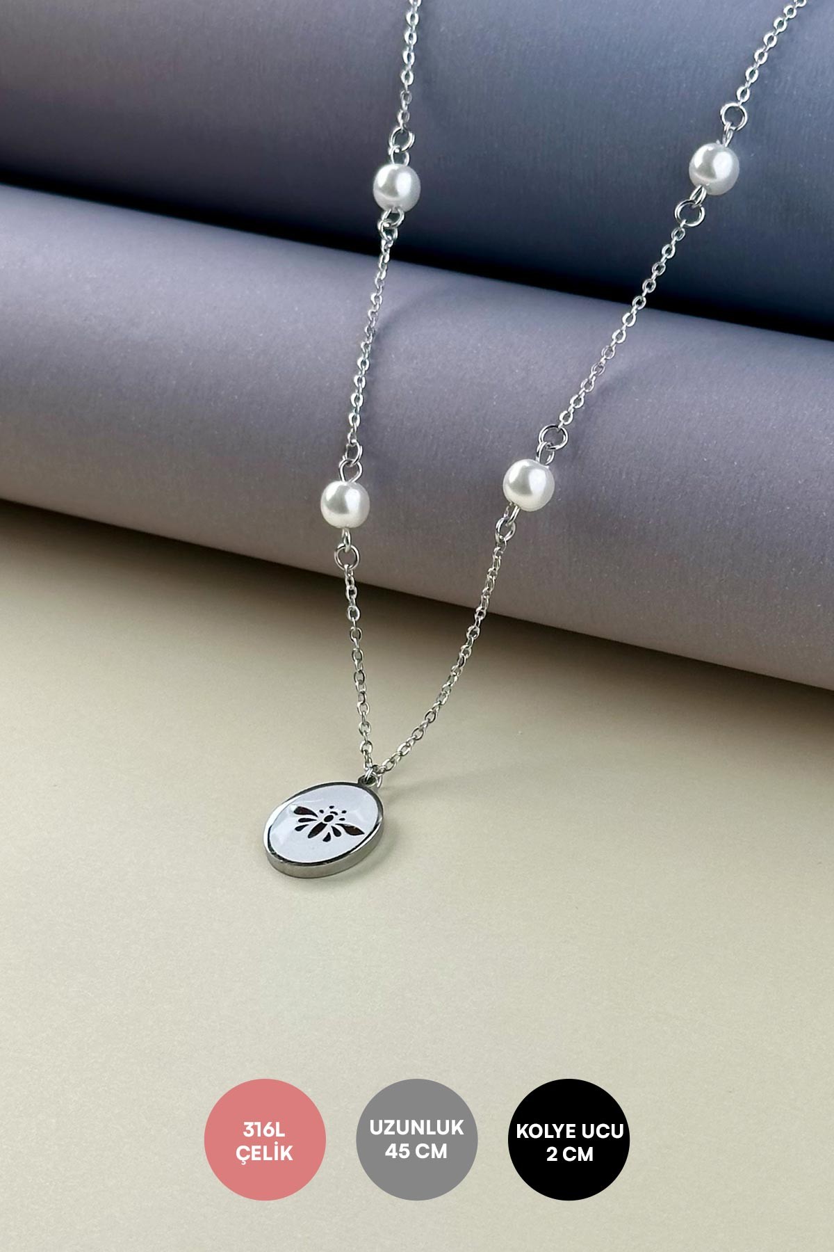 Silver Minimal Zincir İnci Sıralı Sembolik Kelebek Figürlü Madalyon Çelik Kolye 45 cm AKL4050