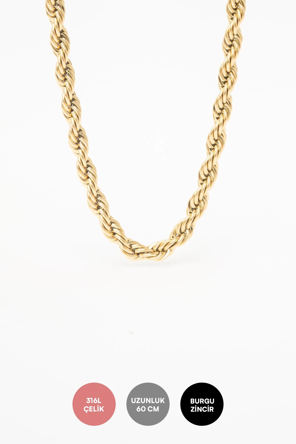 Gold Kalın Burgu Zincir 60cm Çelik Kolye AKL4379