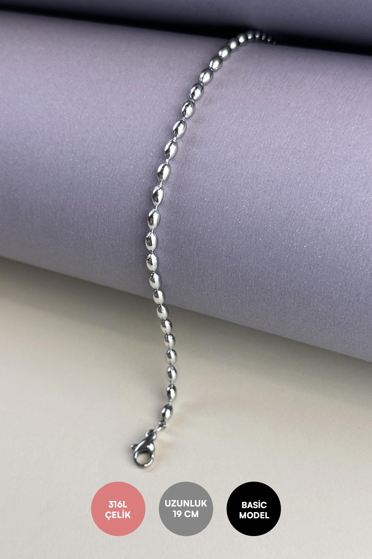 Silver Dolgulu Sıra Oval Topçuk Tasarım Çelik Bileklik ABL6702
