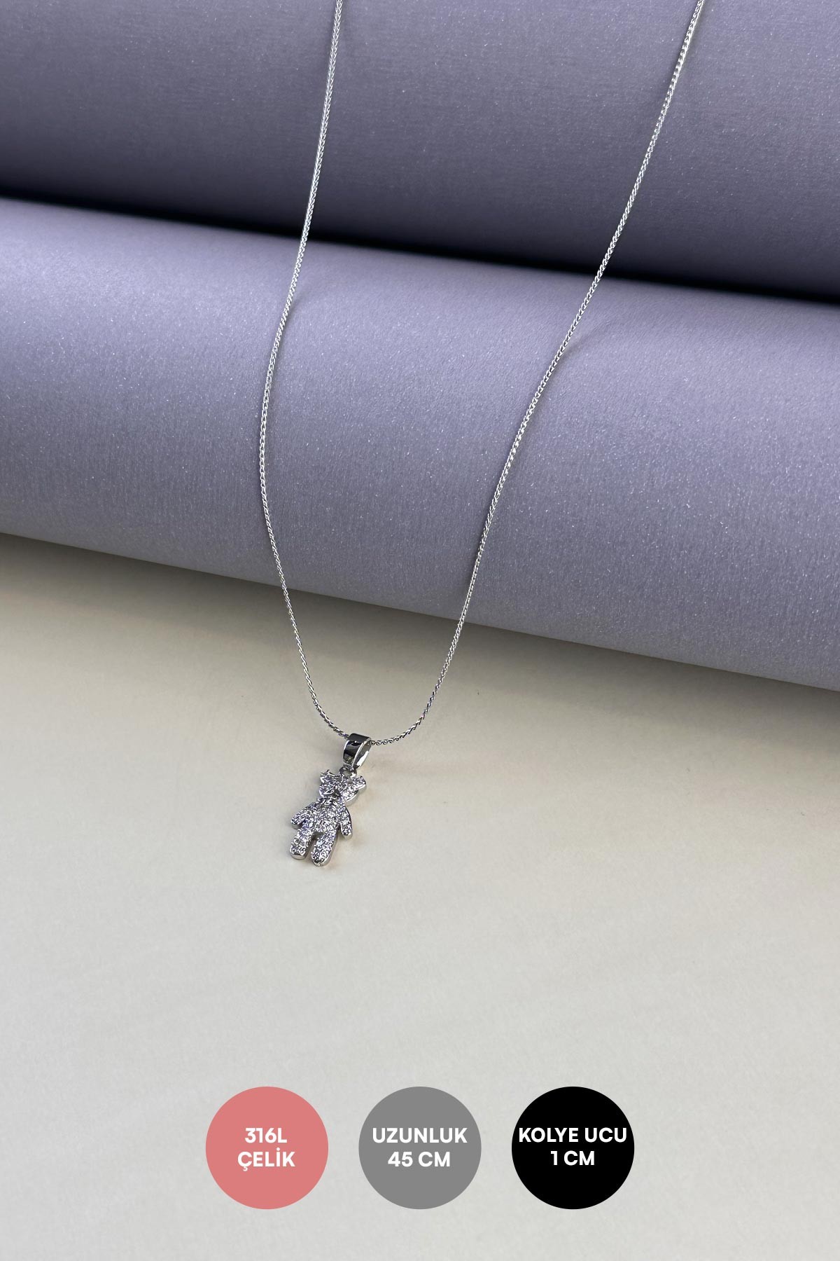 Silver Minimal Zincir Zirkon Ayıcık Çelik Kolye 45 cm AKL3878