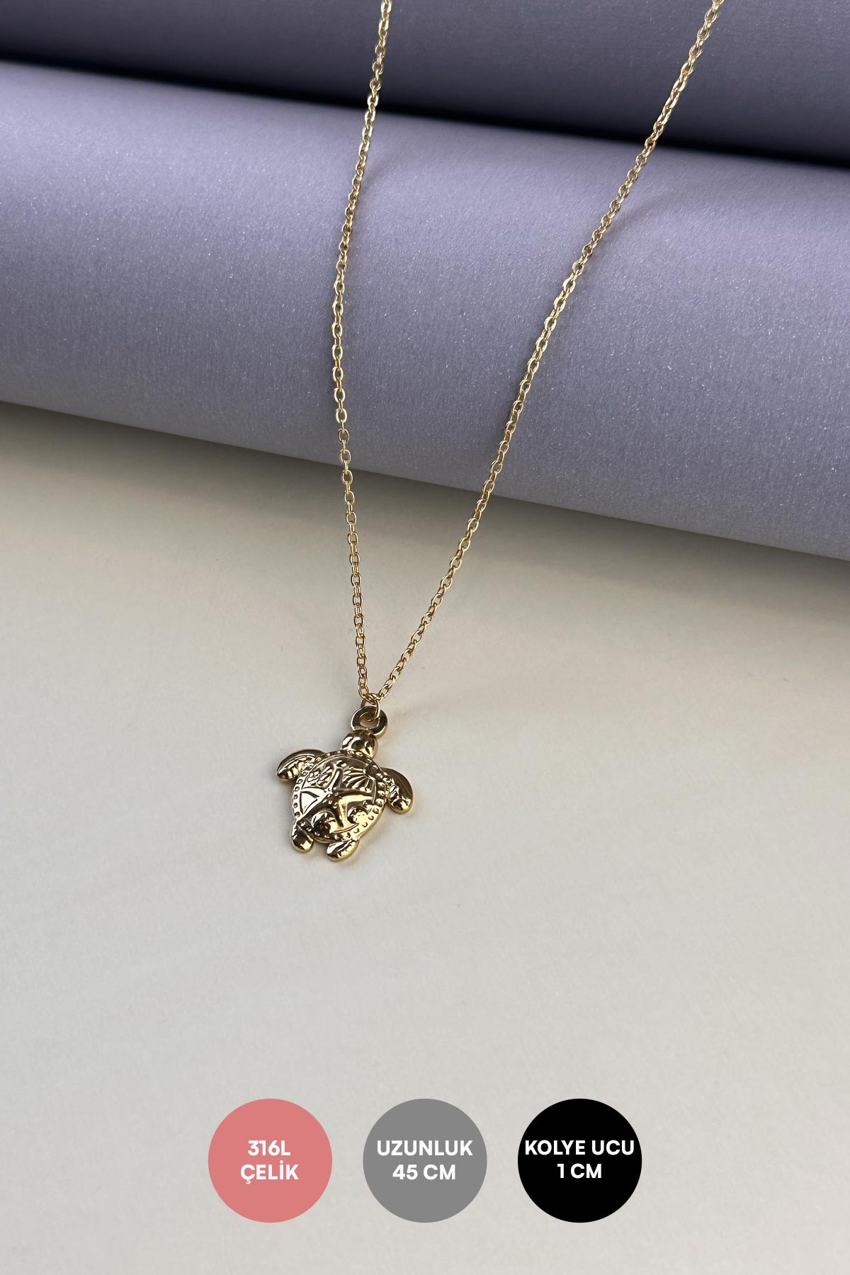 Gold Minimal Zincir Kabartmalı Tasarım Deniz Kablumbağası Çelik Kolye 45 cm AKL3879