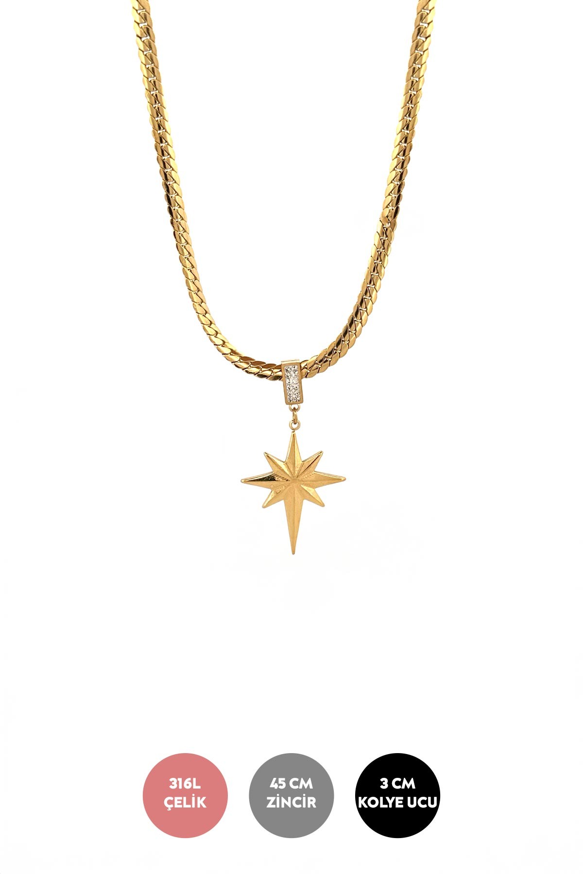 Gold Kuzey Yıldızı Detay Örgü Tasarım Zincir 45cm Çelik Kolye AKL2650